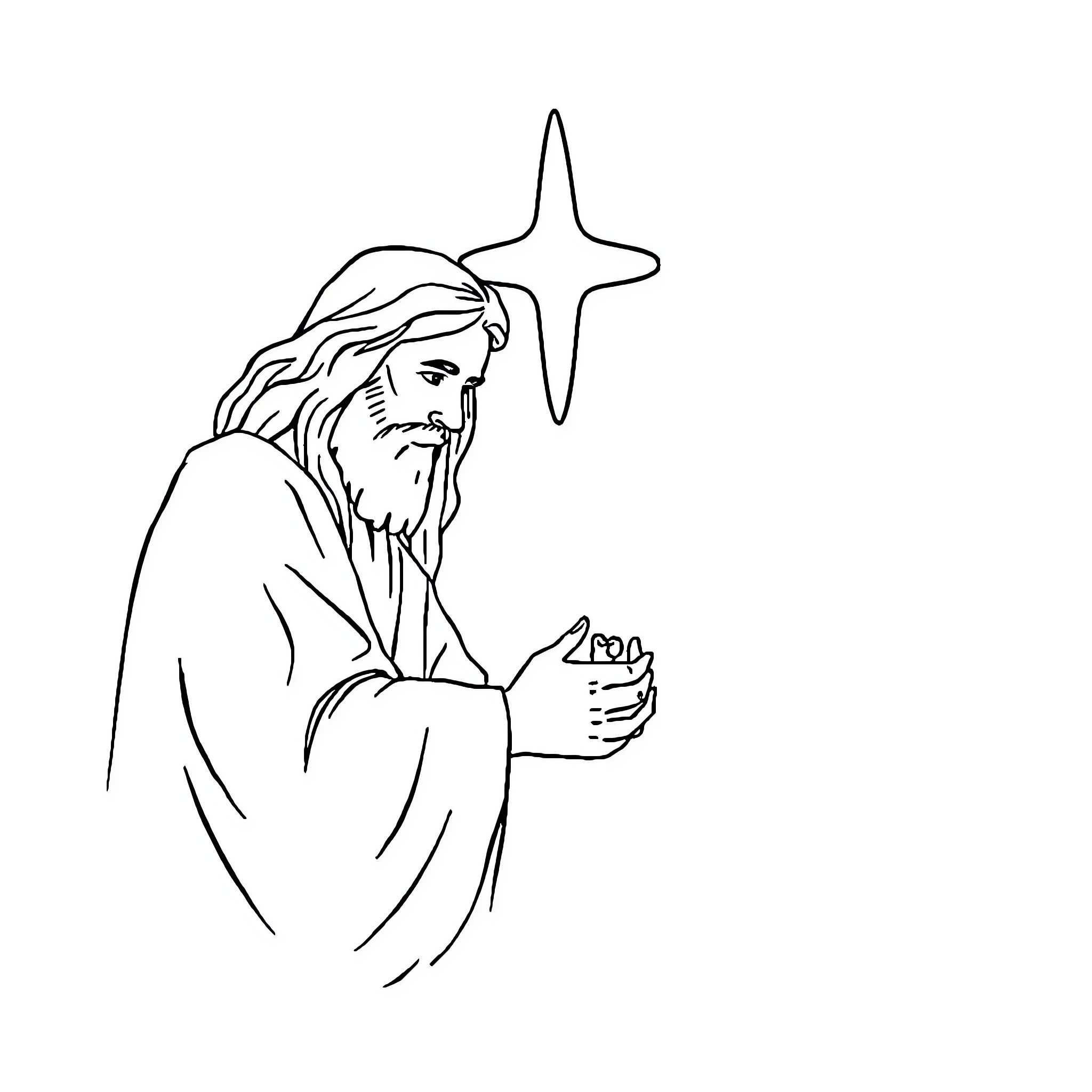 Son praying with star above Coloring Page (free black-and-white line drawing printable PDF for all, from beginners to advanced learners, including children, teens, adults, and seniors)