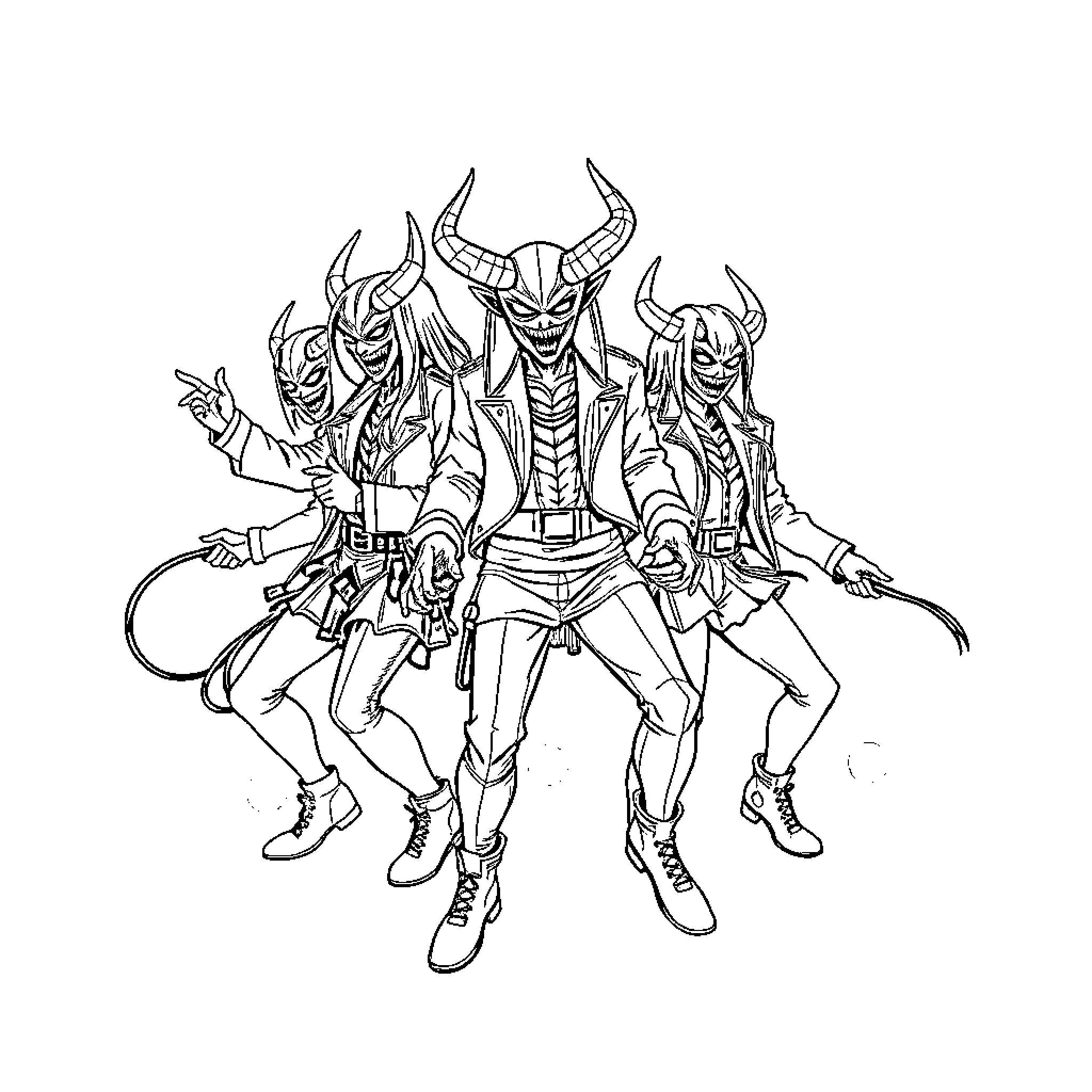 K Pop Villains in Striking Poses Coloring Page (free black-and-white line drawing printable PDF for all, from beginners to advanced learners, including children, teens, adults, and seniors)