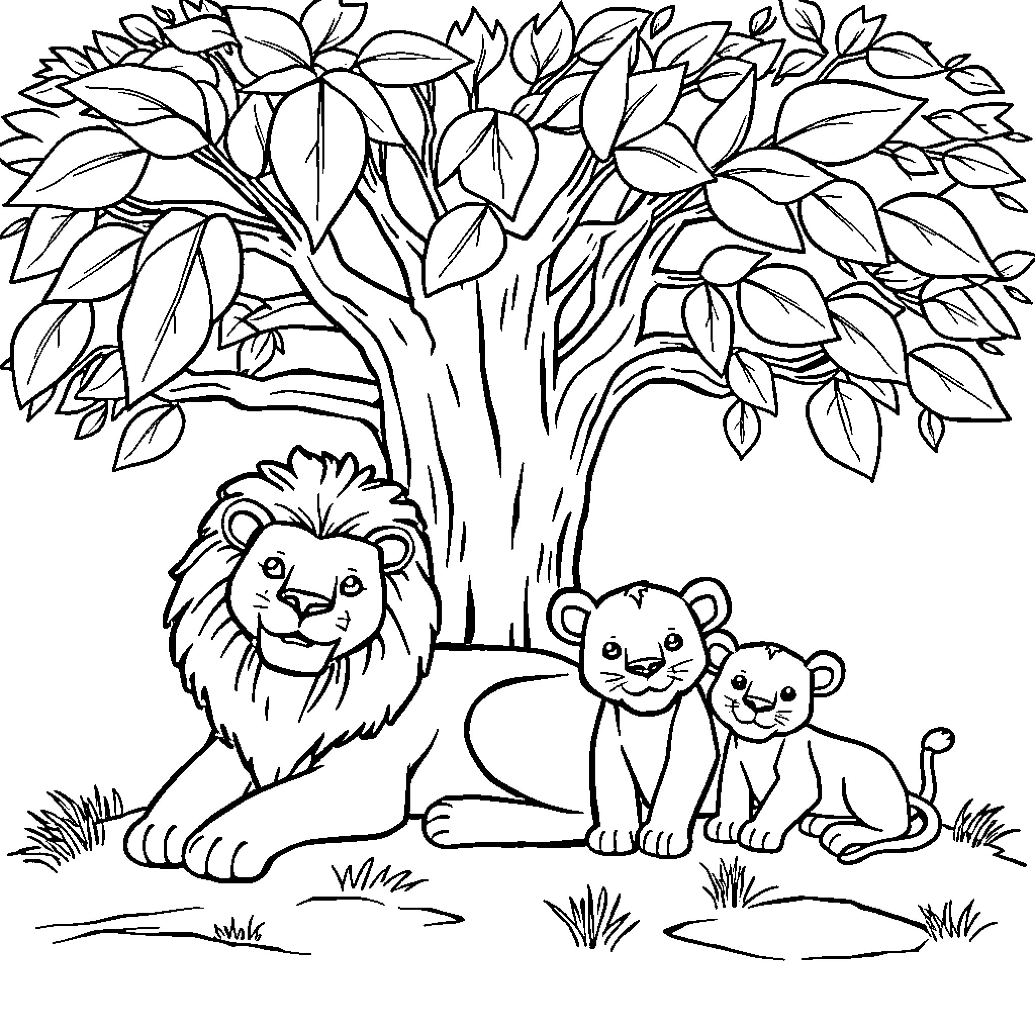 Lion family resting under a lush tree Coloring Page (free black-and-white line drawing printable PDF for all, from beginners to advanced learners, including children, teens, adults, and seniors)