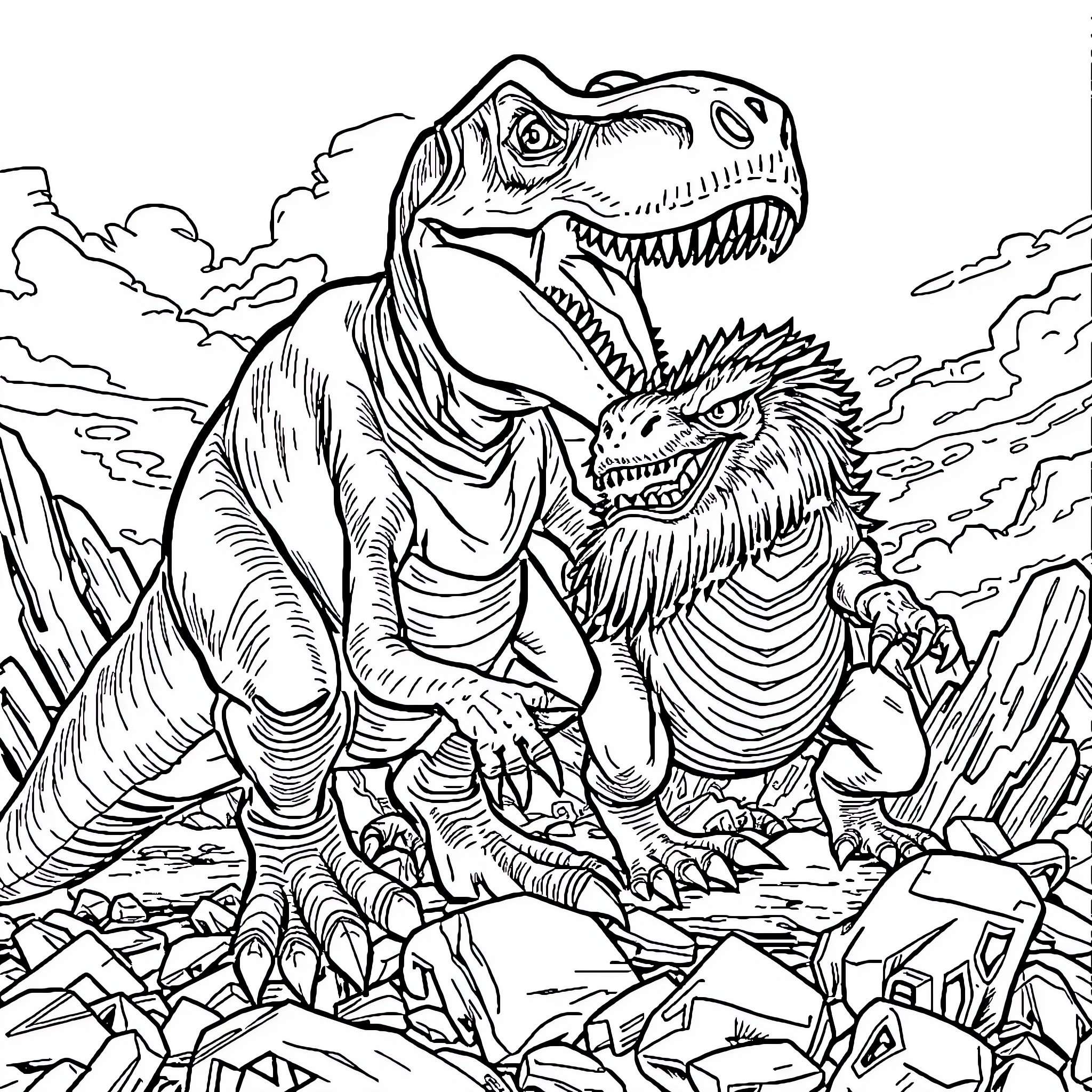 Tyrannosaurus Dinosaurs Engage in Fierce Confrontation Coloring Page (free black-and-white line drawing printable PDF for all, from beginners to advanced learners, including children, teens, adults, and seniors)