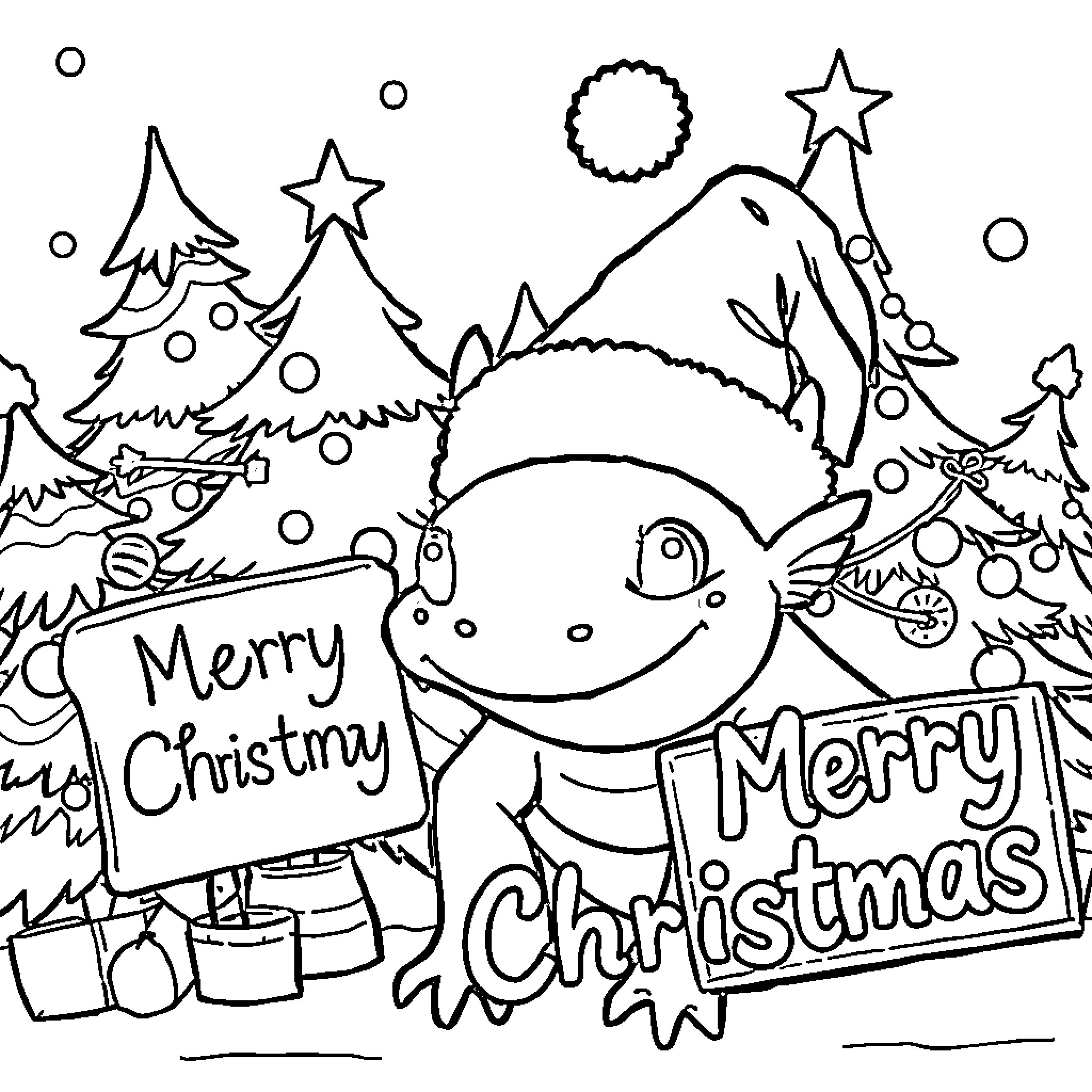 Axolotl celebrating a merry Christmas Coloring Page (free black-and-white line drawing printable PDF for all, from beginners to advanced learners, including children, teens, adults, and seniors)