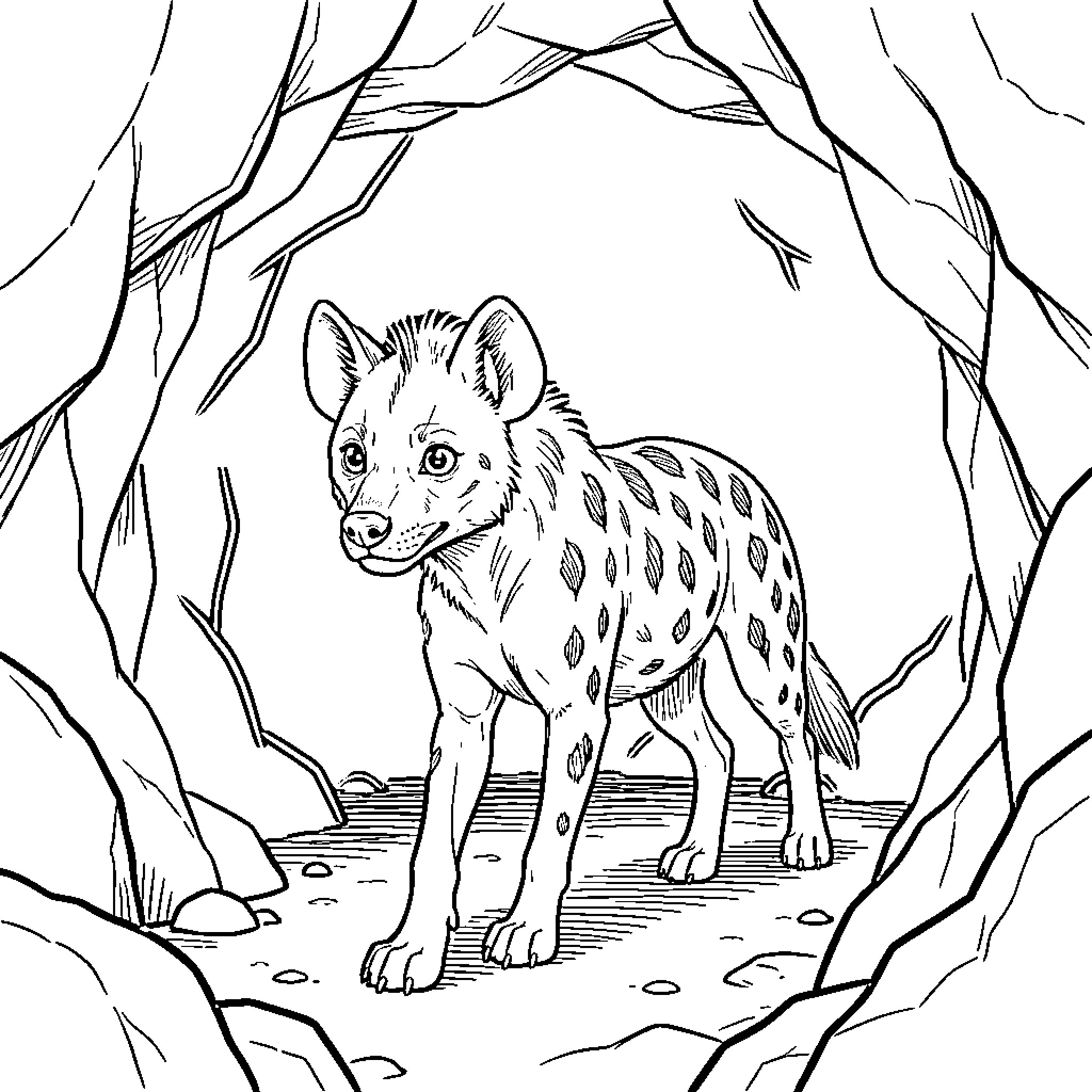 Hyena standing alert inside a rocky cave Coloring Page (free black-and-white line drawing printable PDF for all, from beginners to advanced learners, including children, teens, adults, and seniors)
