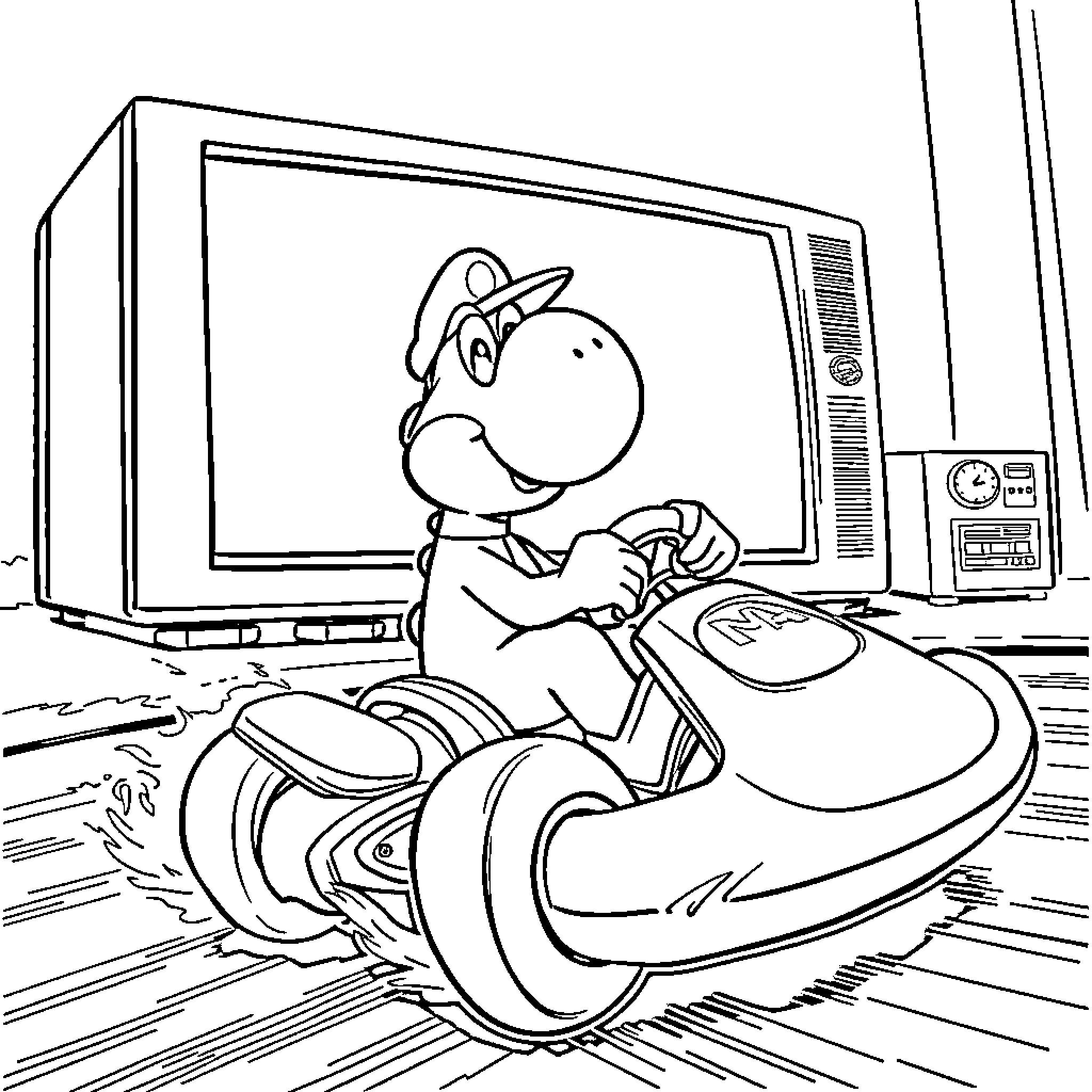Yoshi riding a scooter in front of a television Coloring Page (free black-and-white line drawing printable PDF for all, from beginners to advanced learners, including children, teens, adults, and seniors)