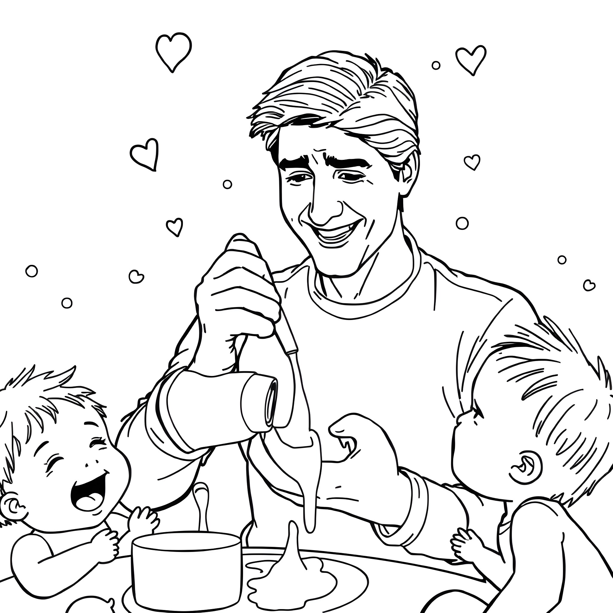 Justin Trudeau playing with children and smiling Coloring Page (free black-and-white line drawing printable PDF for all, from beginners to advanced learners, including children, teens, adults, and seniors)
