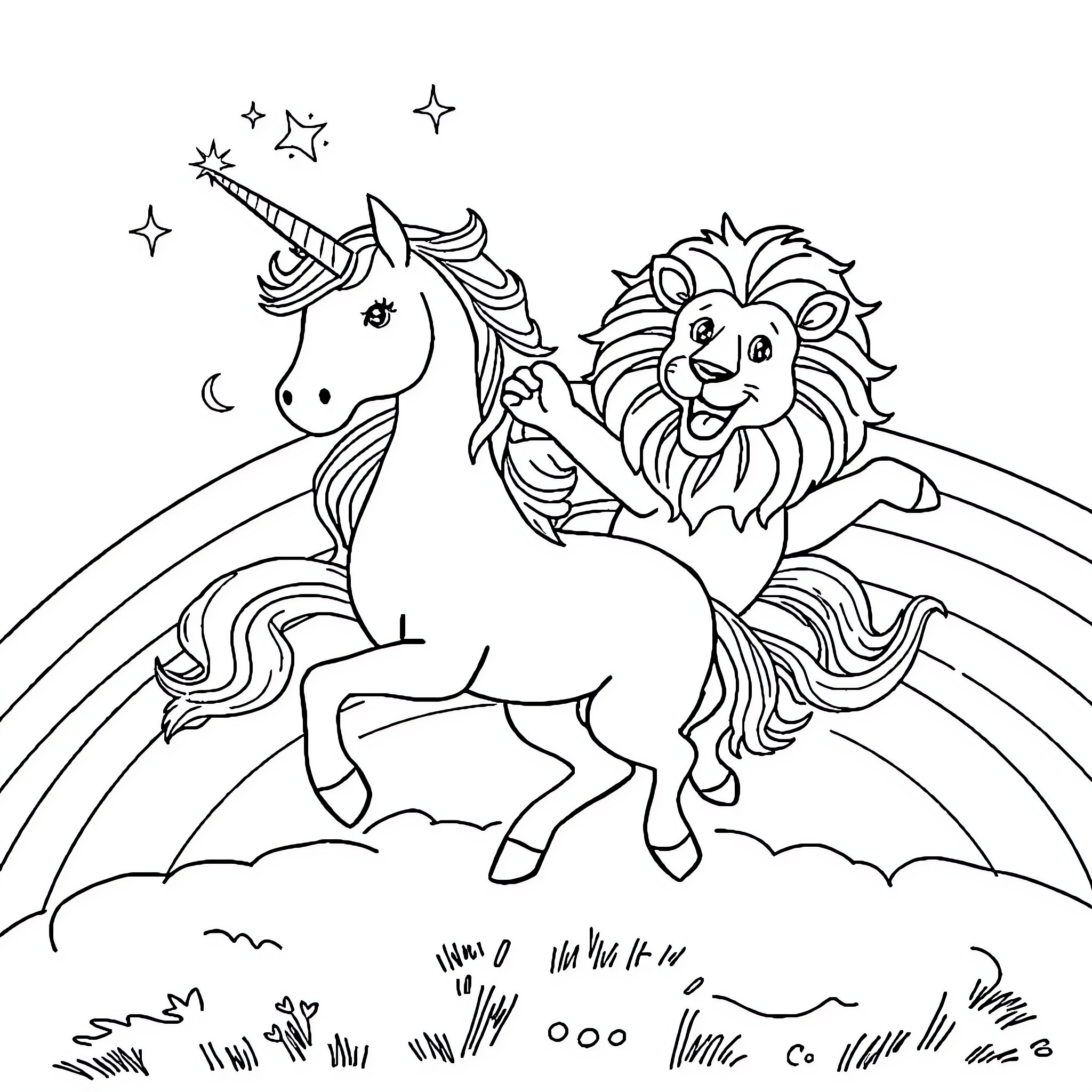 Unicorn and Lion Playing Under Starry Sky Coloring Page (free black-and-white line drawing printable PDF for all, from beginners to advanced learners, including children, teens, adults, and seniors)