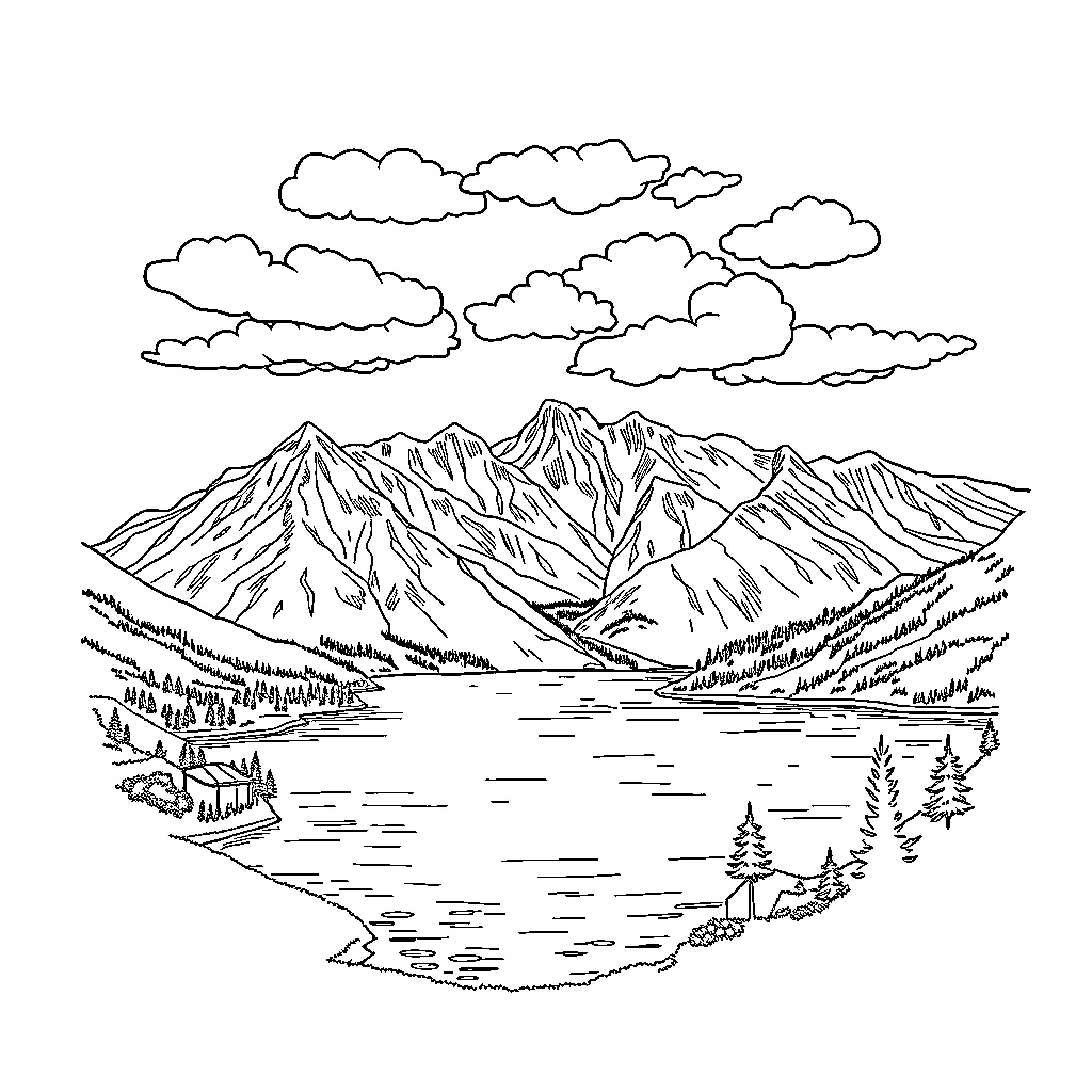 Macedonia Landscape of Majestic Mountains and Serene Lake Coloring Page (free black-and-white line drawing printable PDF for all, from beginners to advanced learners, including children, teens, adults, and seniors)