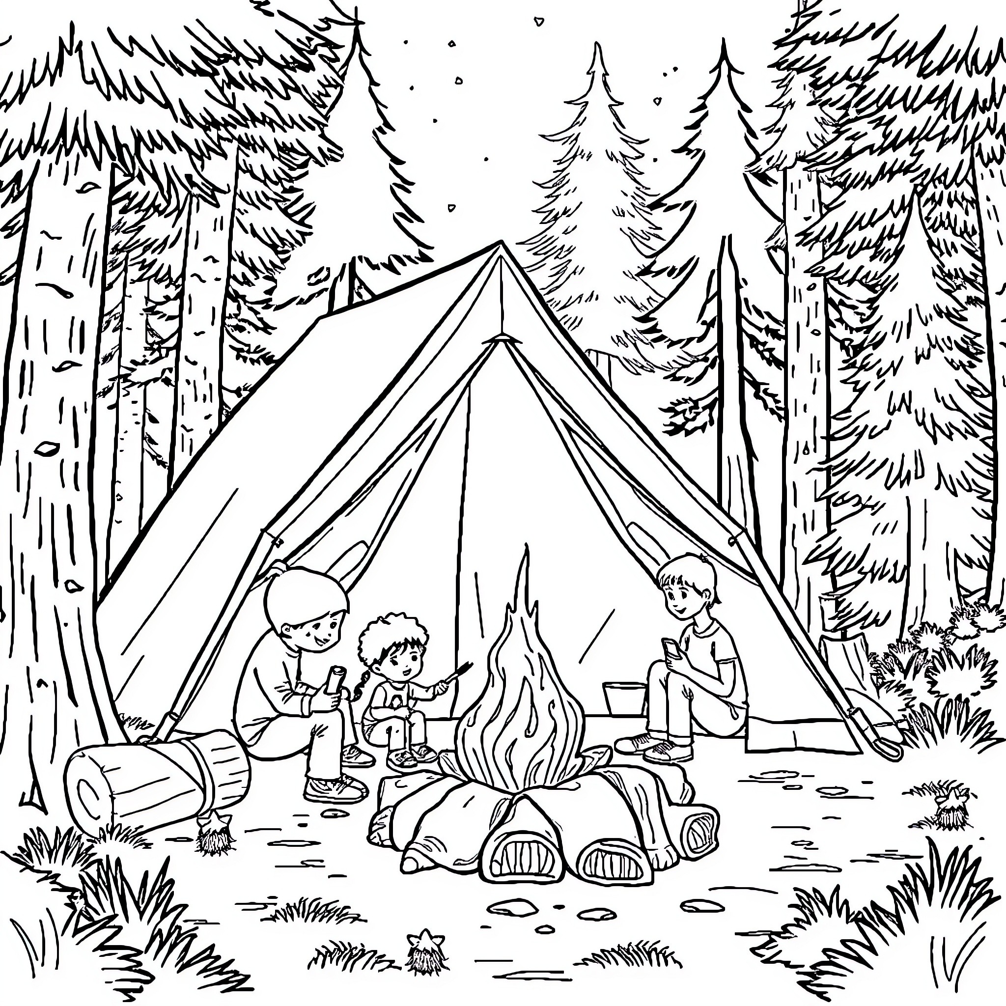 Camping in the peaceful forest with friends Coloring Page (free black-and-white line drawing printable PDF for all, from beginners to advanced learners, including children, teens, adults, and seniors)