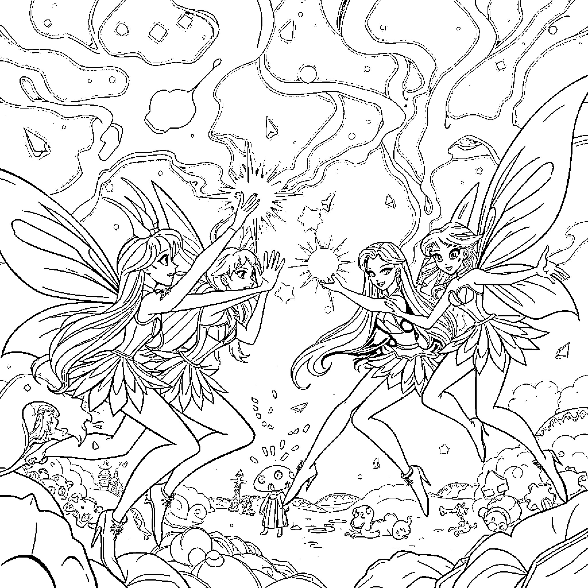 Winx Club fairies casting magic spells in a fantasy world Coloring Page (free black-and-white line drawing printable PDF for all, from beginners to advanced learners, including children, teens, adults, and seniors)