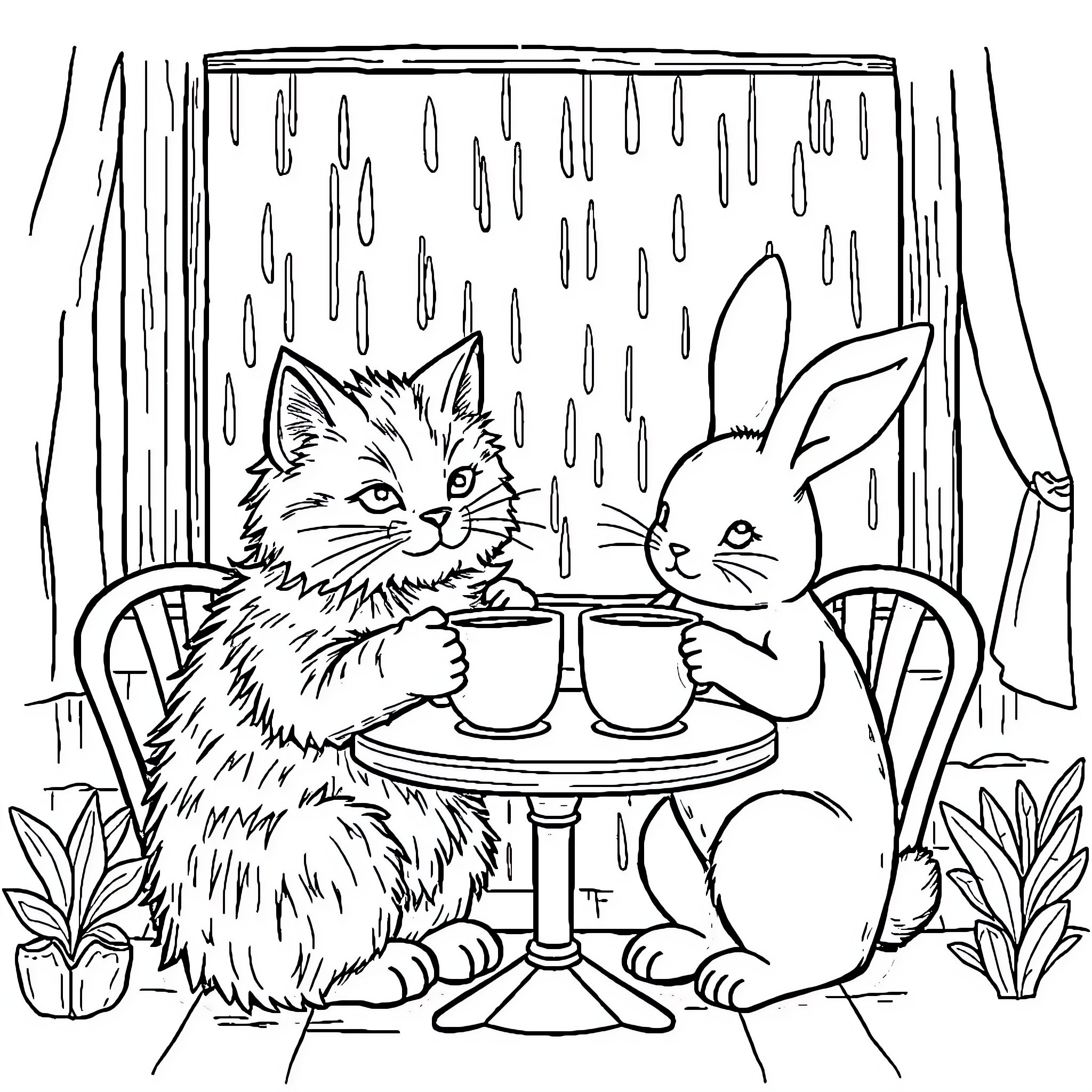 Cat and Rabbit Sharing a Cozy Drink Coloring Page (free black-and-white line drawing printable PDF for all, from beginners to advanced learners, including children, teens, adults, and seniors)