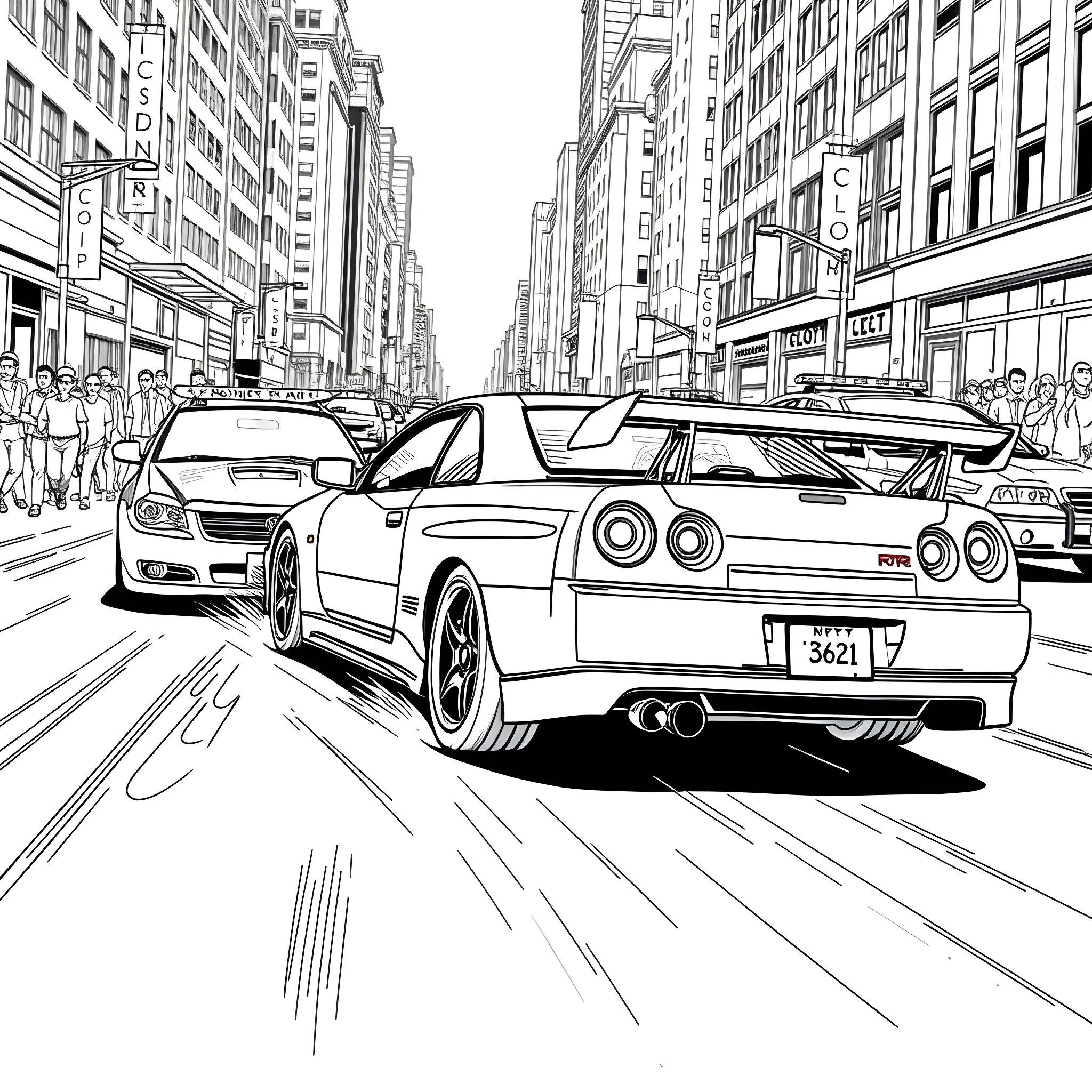 Nissan sports cars racing through the city streets Coloring Page (free black-and-white line drawing printable PDF for all, from beginners to advanced learners, including children, teens, adults, and seniors)