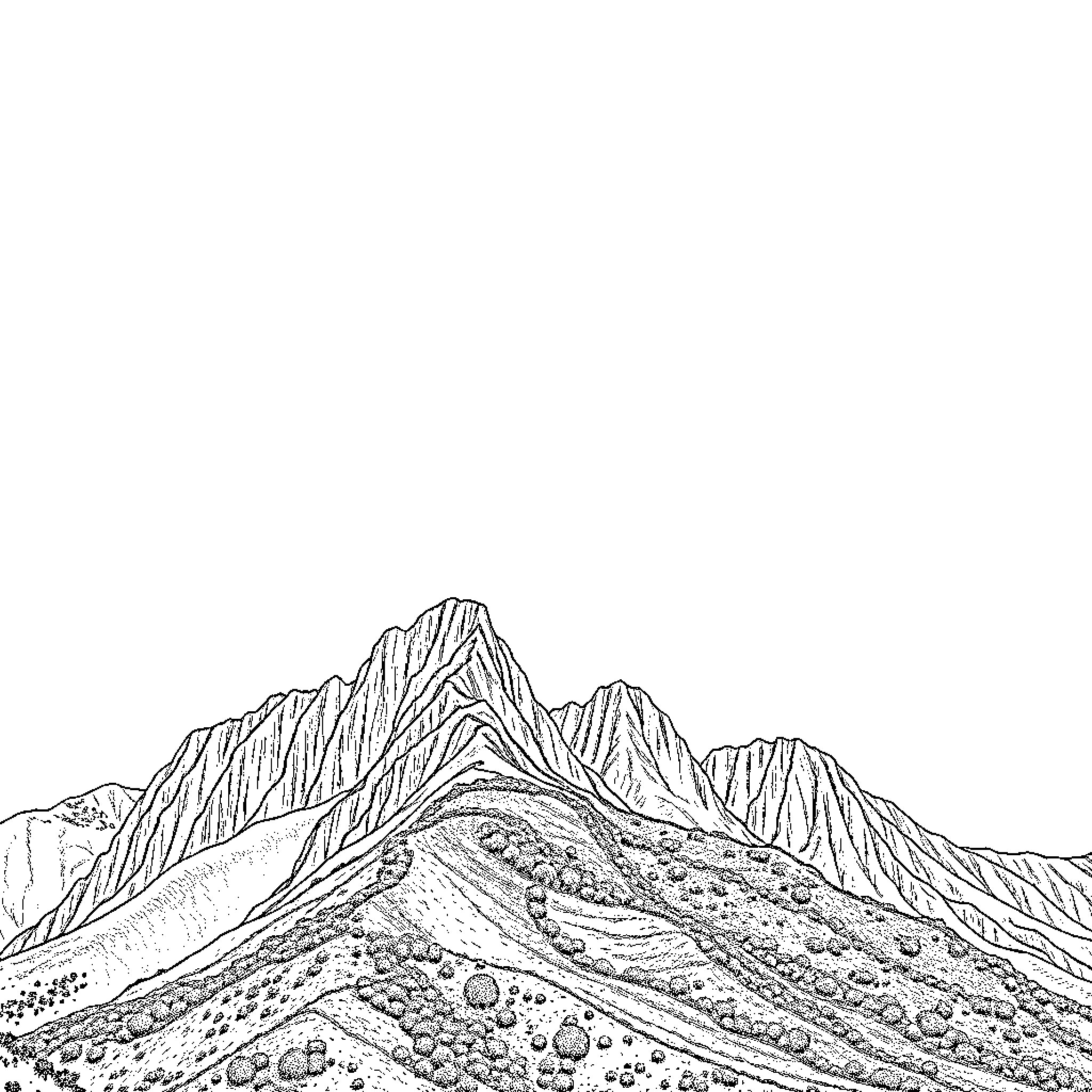 Mountain Landscape with Rugged Terrain Coloring Page (free black-and-white line drawing printable PDF for all, from beginners to advanced learners, including children, teens, adults, and seniors)