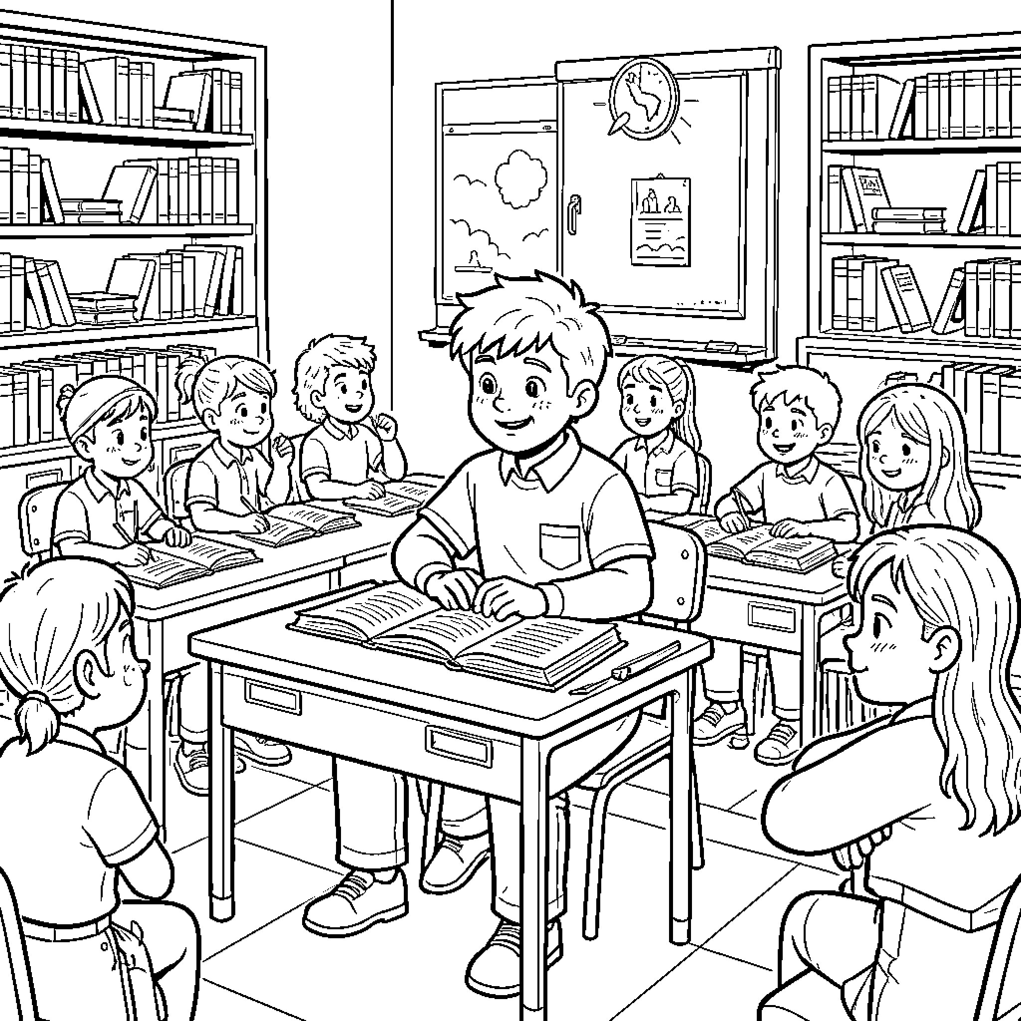 Garfield Teaches Students in the Classroom Coloring Page (free black-and-white line drawing printable PDF for all, from beginners to advanced learners, including children, teens, adults, and seniors)