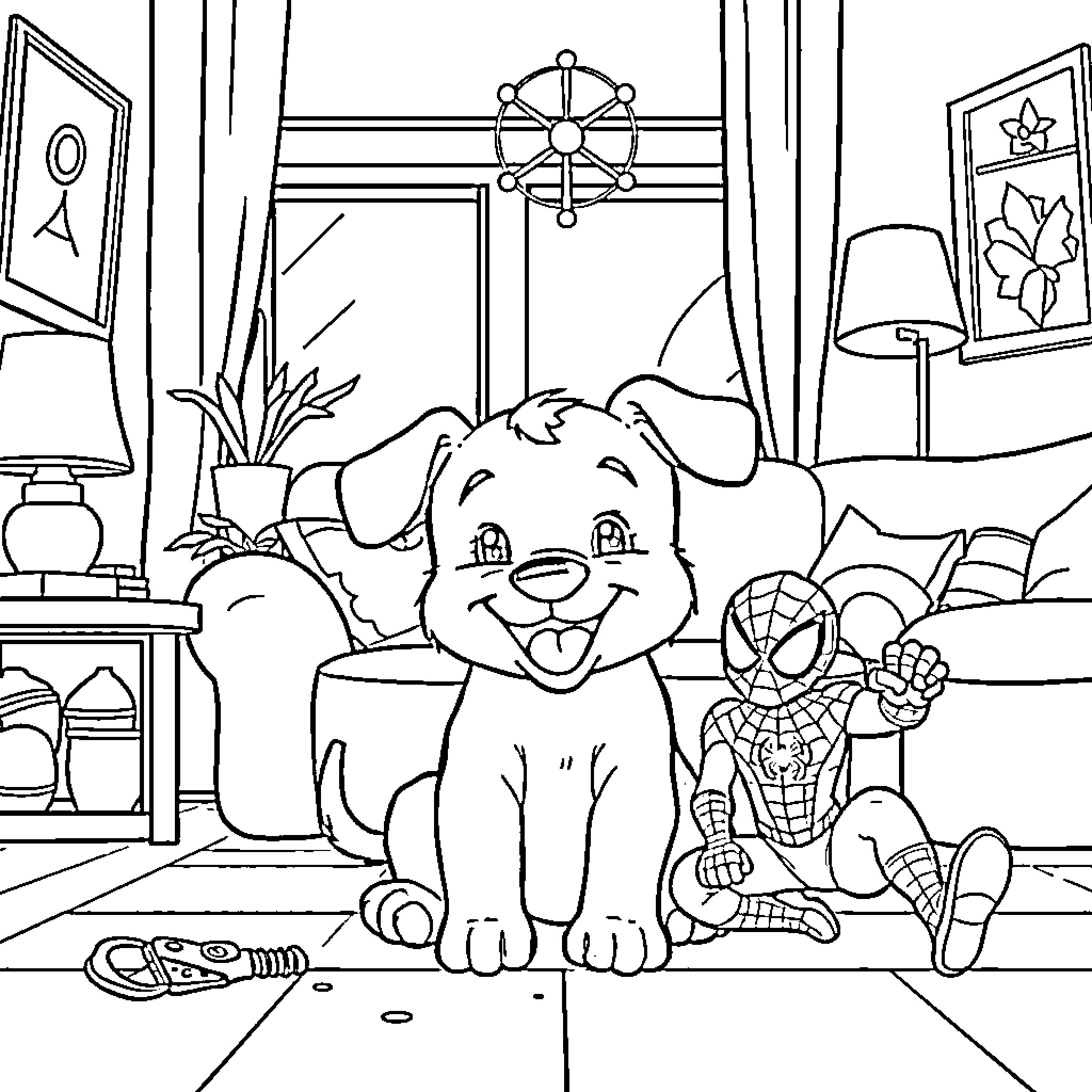 Bluey and Spiderman Playing in the Living Room Coloring Page (free black-and-white line drawing printable PDF for all, from beginners to advanced learners, including children, teens, adults, and seniors)
