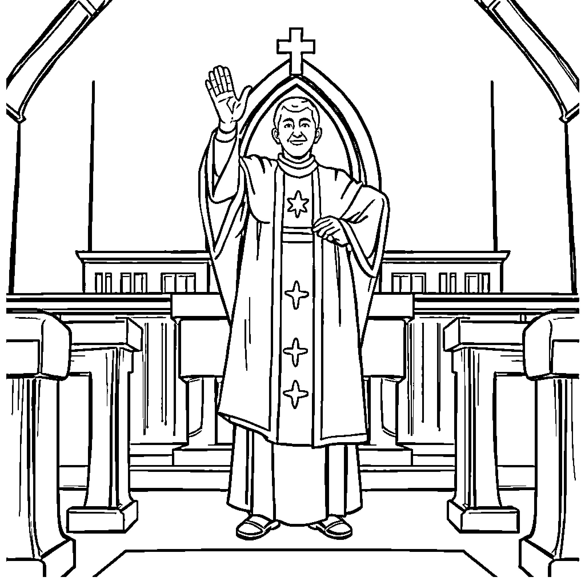 Sacerdote Preaching in Church Interior Coloring Page (free black-and-white line drawing printable PDF for all, from beginners to advanced learners, including children, teens, adults, and seniors)
