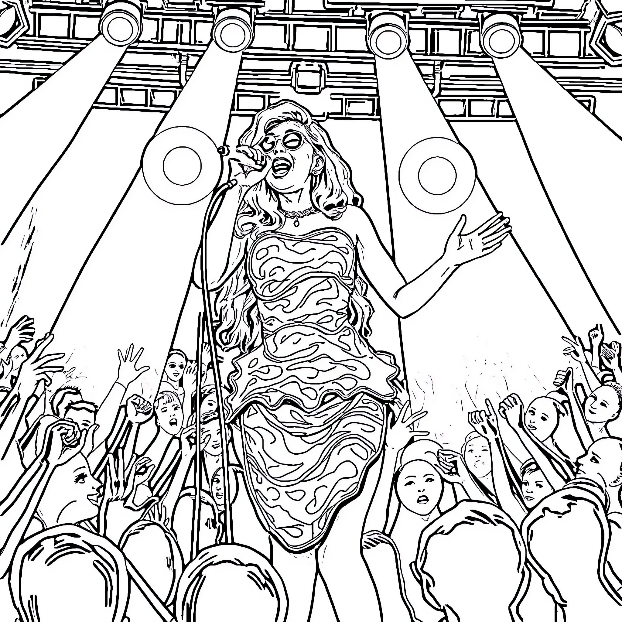 Lady Gaga Performing on Stage with Energetic Crowd Coloring Page (free black-and-white line drawing printable PDF for all, from beginners to advanced learners, including children, teens, adults, and seniors)