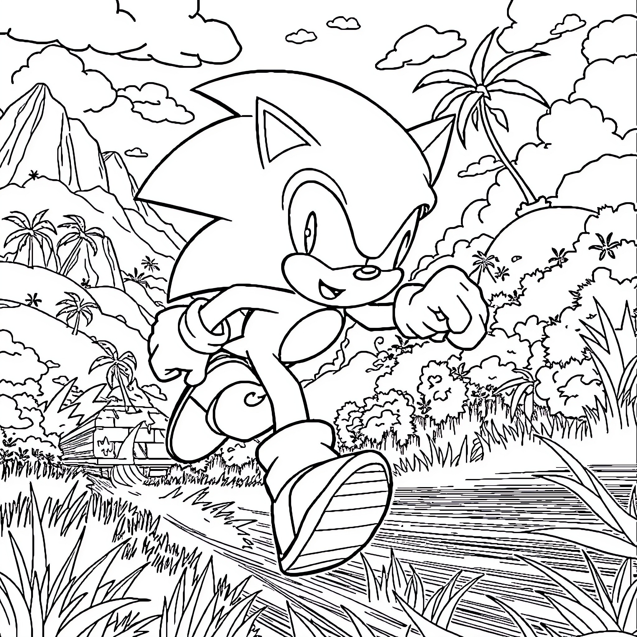 Sonic traversing a lush tropical landscape Coloring Page (free black-and-white line drawing printable PDF for all, from beginners to advanced learners, including children, teens, adults, and seniors)