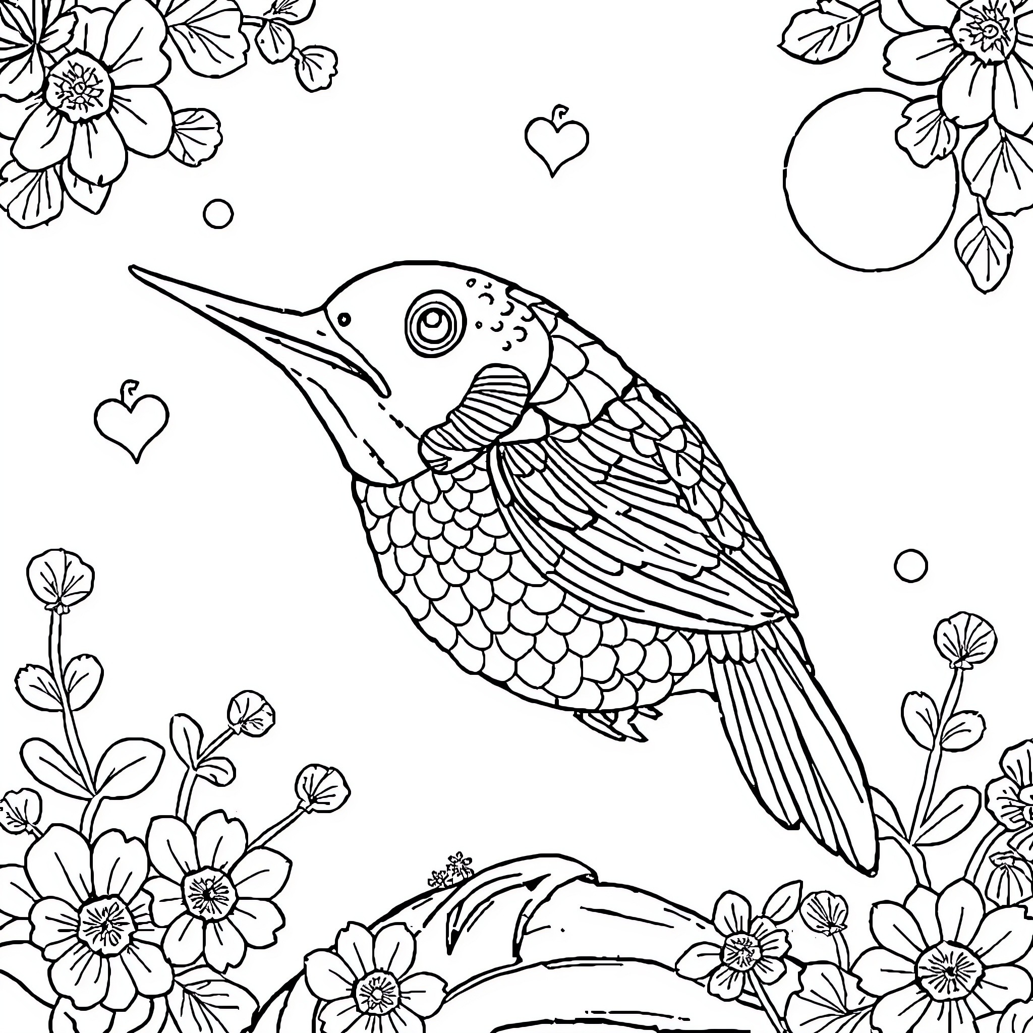 Parrot amidst floral illustration Coloring Page (free black-and-white line drawing printable PDF for all, from beginners to advanced learners, including children, teens, adults, and seniors)