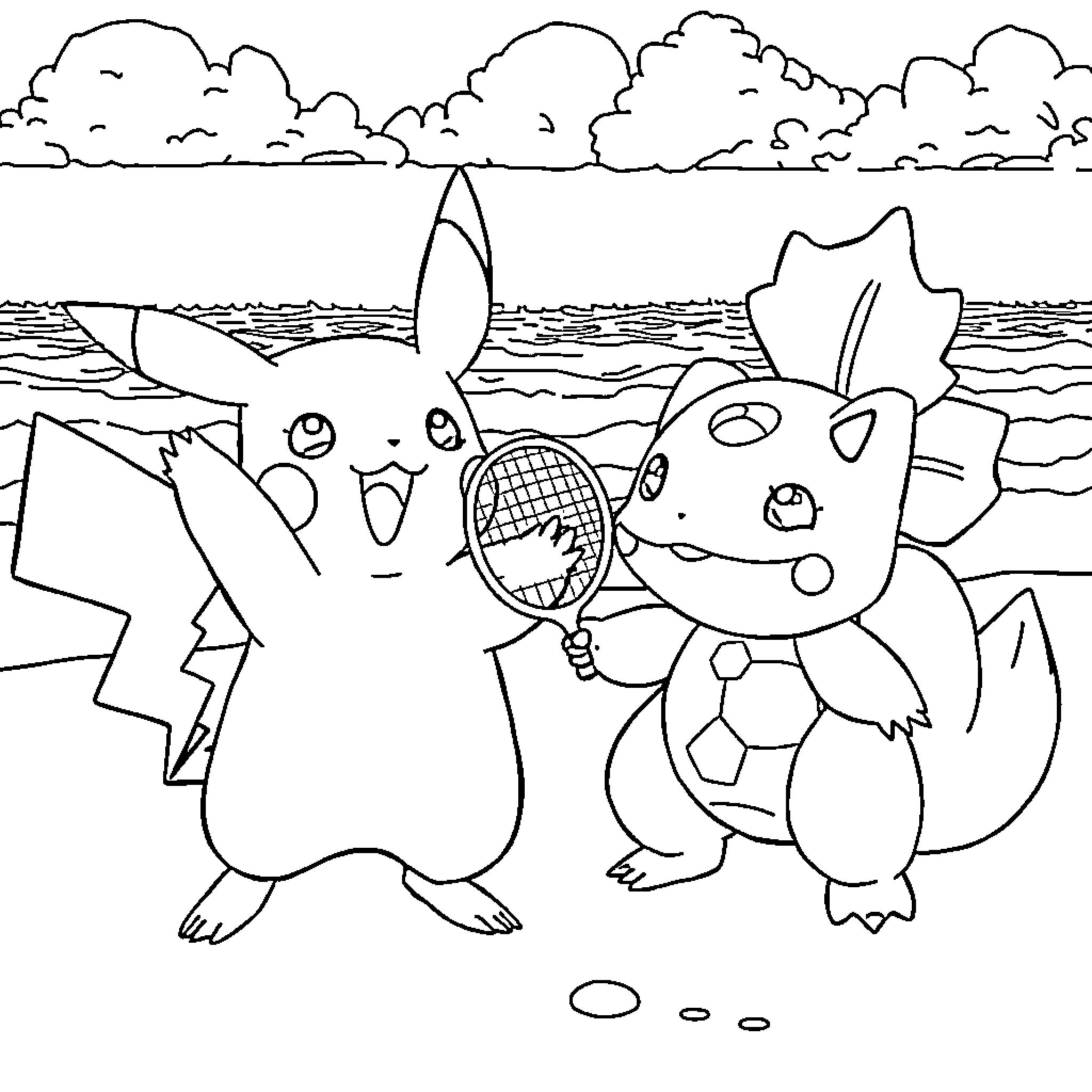 Pikachu and Charmander playing at the beach Coloring Page (free black-and-white line drawing printable PDF for all, from beginners to advanced learners, including children, teens, adults, and seniors)