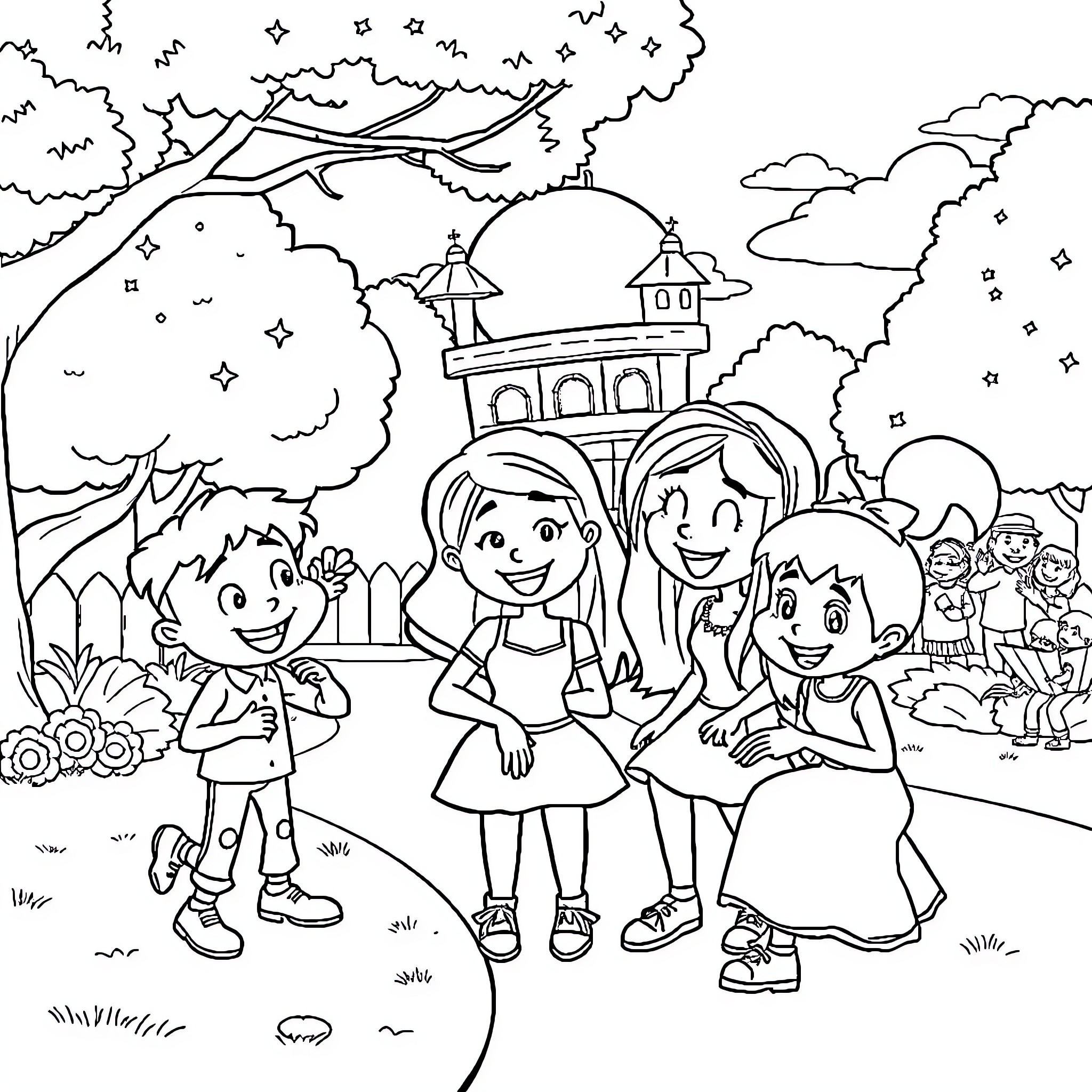 Turma da Monica's Fun Outdoor Adventure Coloring Page (free black-and-white line drawing printable PDF for all, from beginners to advanced learners, including children, teens, adults, and seniors)