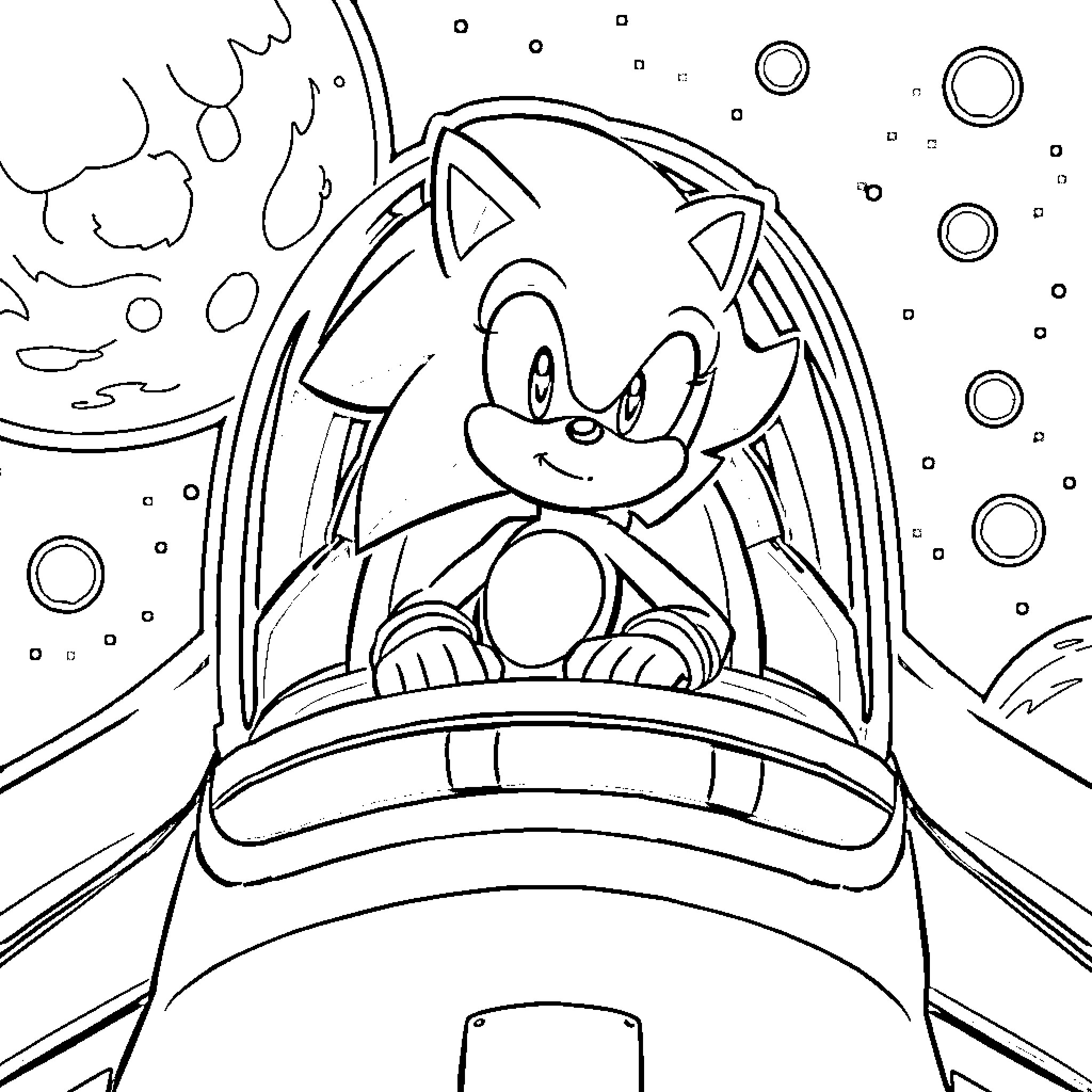 Sonic's Interstellar Adventure Coloring Page (free black-and-white line drawing printable PDF for all, from beginners to advanced learners, including children, teens, adults, and seniors)