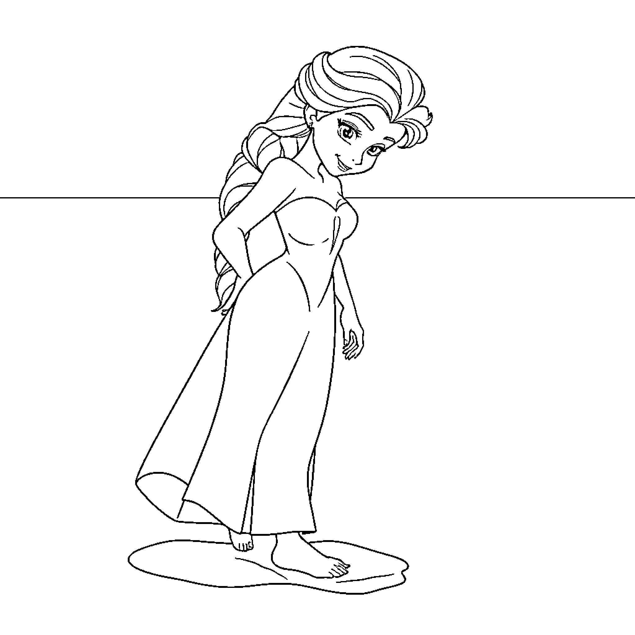 Elsa wearing a long gown and smiling gracefully Coloring Page (free black-and-white line drawing printable PDF for all, from beginners to advanced learners, including children, teens, adults, and seniors)