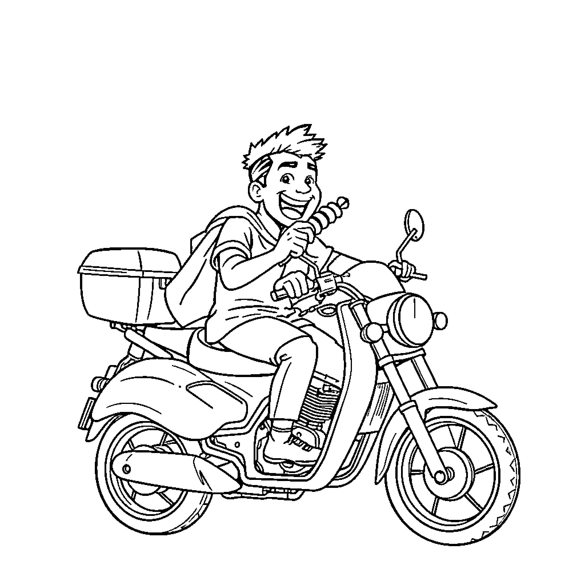 Bukayo Saka riding motorcycle with excitement Coloring Page (free black-and-white line drawing printable PDF for all, from beginners to advanced learners, including children, teens, adults, and seniors)
