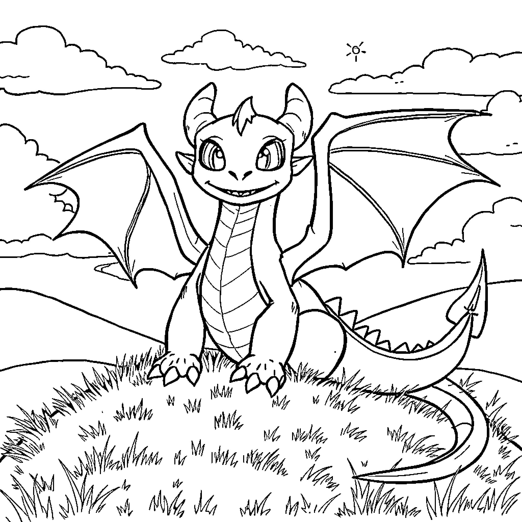 Toothless the dragon in a scenic landscape Coloring Page (free black-and-white line drawing printable PDF for all, from beginners to advanced learners, including children, teens, adults, and seniors)