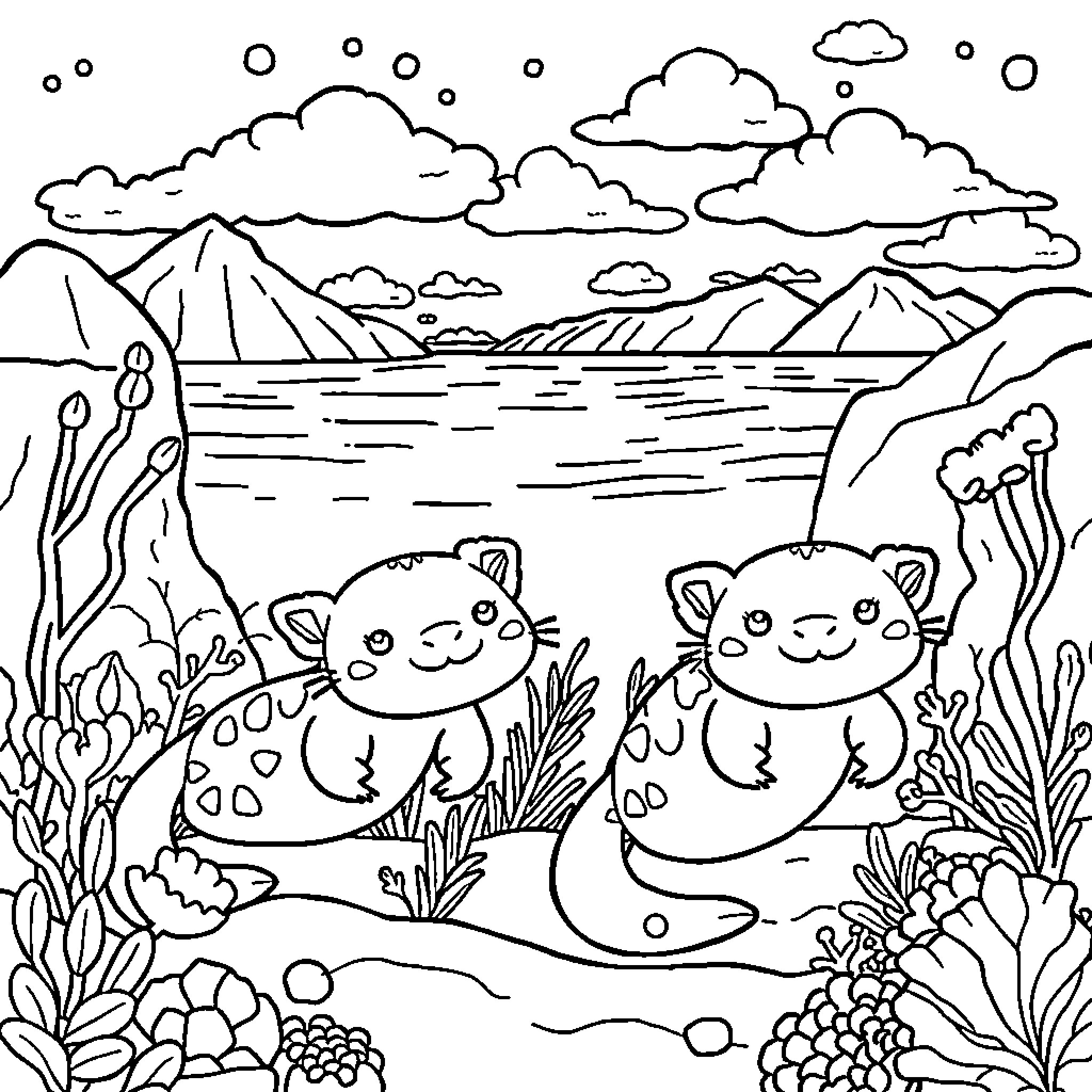 Axolotls exploring the underwater landscape Coloring Page (free black-and-white line drawing printable PDF for all, from beginners to advanced learners, including children, teens, adults, and seniors)