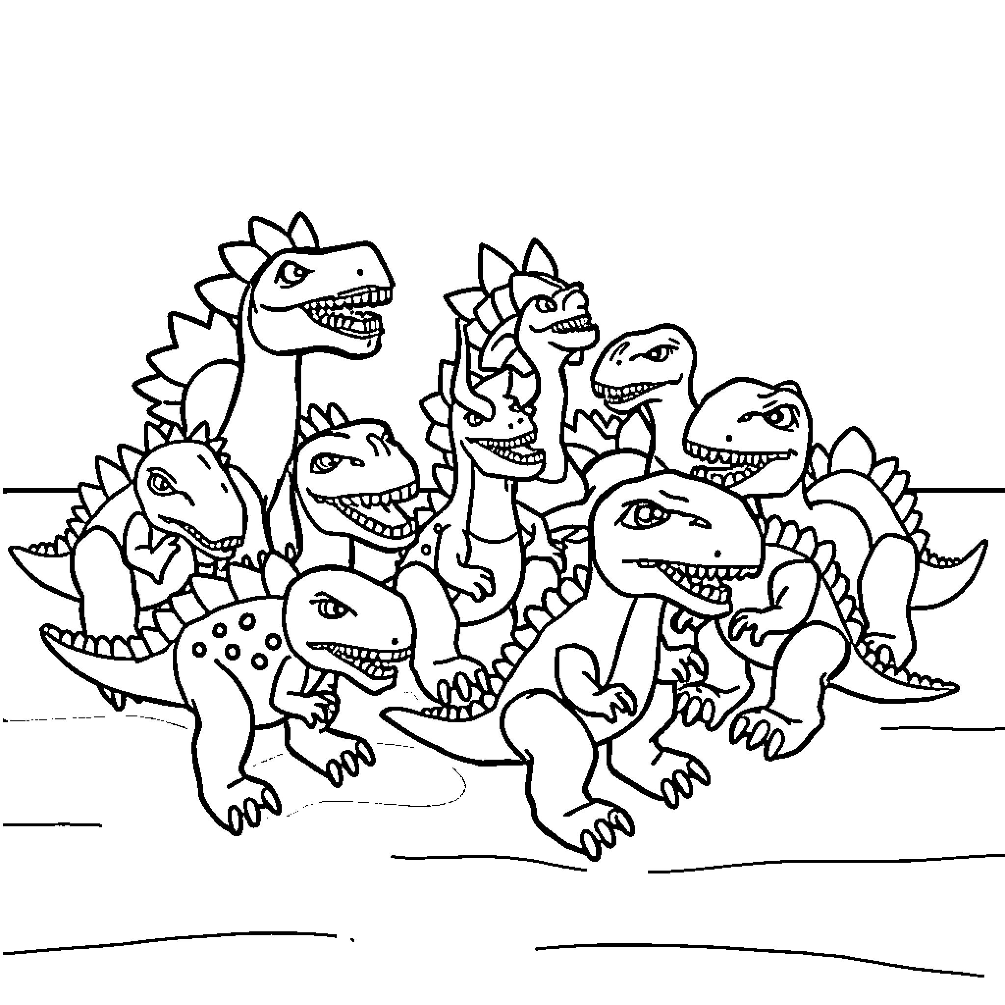 Dinosaurs gathered in a lively scene Coloring Page (free black-and-white line drawing printable PDF for all, from beginners to advanced learners, including children, teens, adults, and seniors)