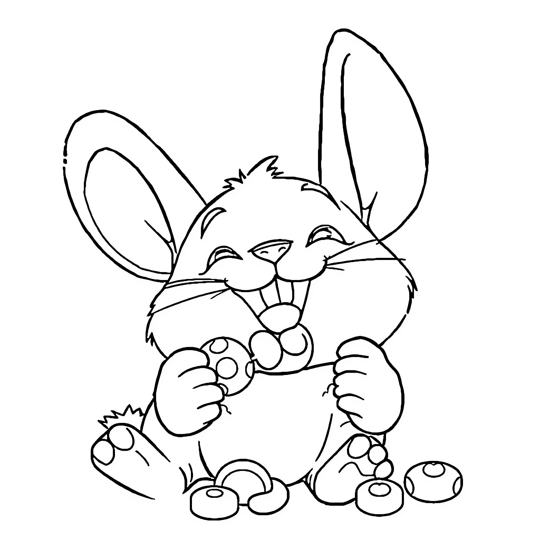 Kuromi playfully biting a ball of string Coloring Page (free black-and-white line drawing printable PDF for all, from beginners to advanced learners, including children, teens, adults, and seniors)