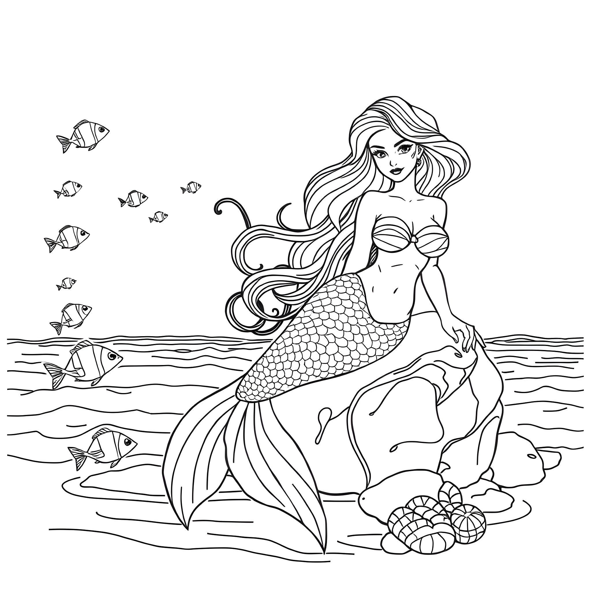 Mermaid swimming with marine life in the ocean Coloring Page (free black-and-white line drawing printable PDF for all, from beginners to advanced learners, including children, teens, adults, and seniors)