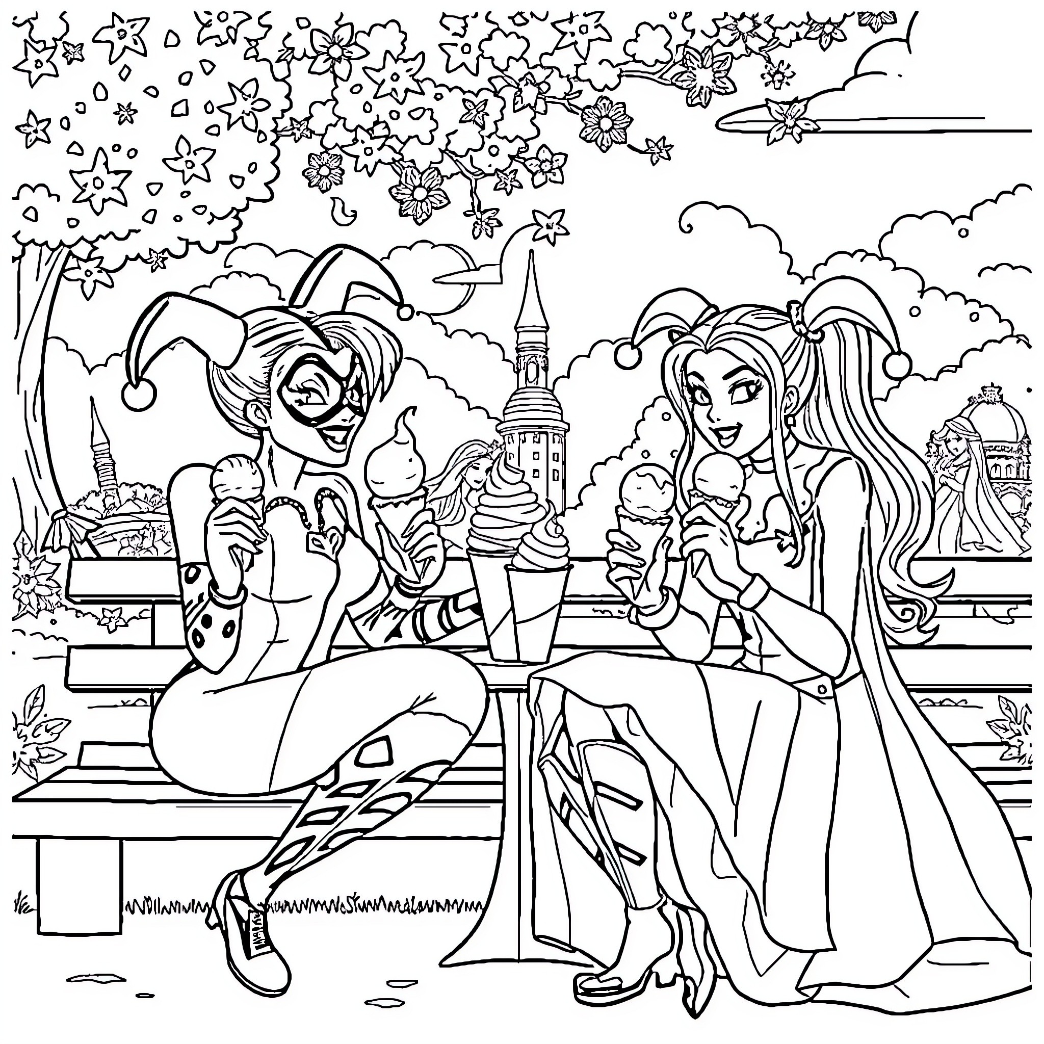Poison Ivy's Colorful Carnival Adventure Coloring Page (free black-and-white line drawing printable PDF for all, from beginners to advanced learners, including children, teens, adults, and seniors)