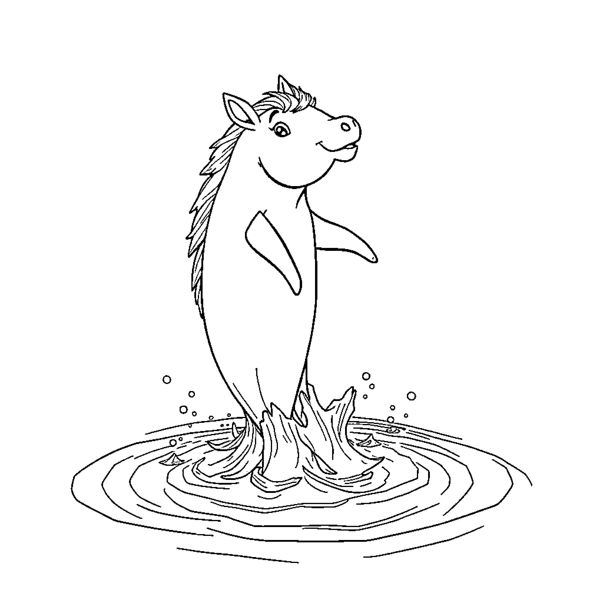 Hecht the playful seahorse splashing in the water Coloring Page (free black-and-white line drawing printable PDF for all, from beginners to advanced learners, including children, teens, adults, and seniors)
