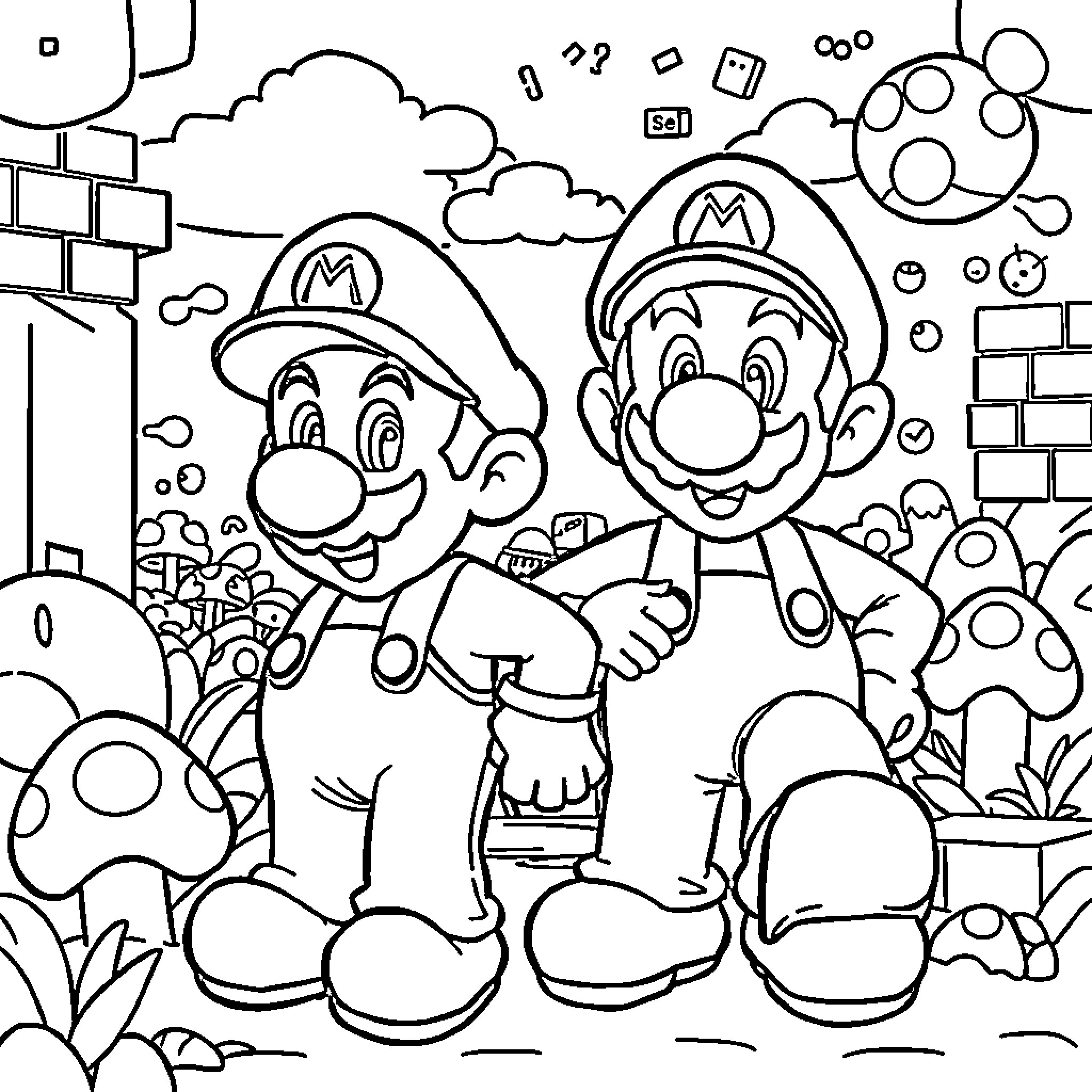 Mario and Luigi's Playful Adventure Coloring Page (free black-and-white line drawing printable PDF for all, from beginners to advanced learners, including children, teens, adults, and seniors)