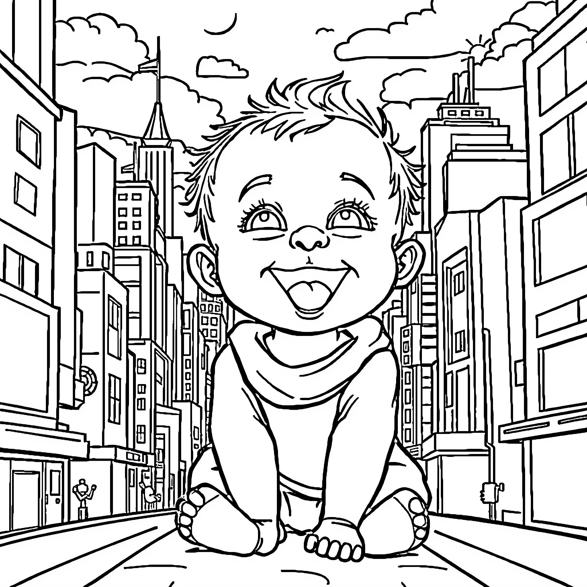 Baby exploring the lively city streets Coloring Page (free black-and-white line drawing printable PDF for all, from beginners to advanced learners, including children, teens, adults, and seniors)