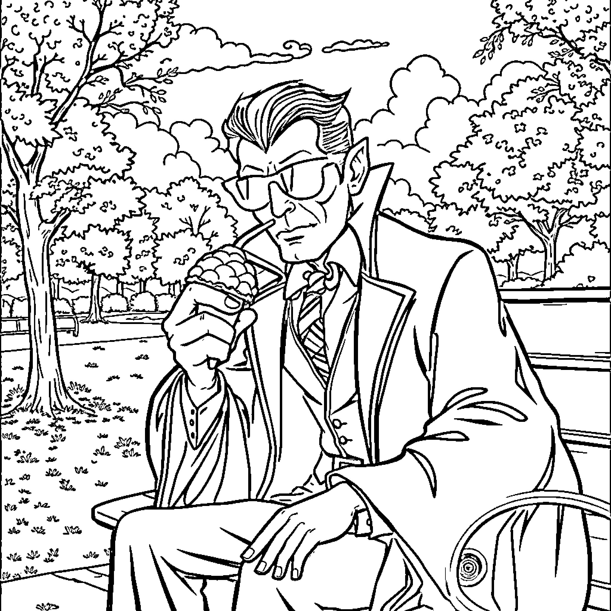 Dracula relaxing in a tranquil outdoor setting Coloring Page (free black-and-white line drawing printable PDF for all, from beginners to advanced learners, including children, teens, adults, and seniors)