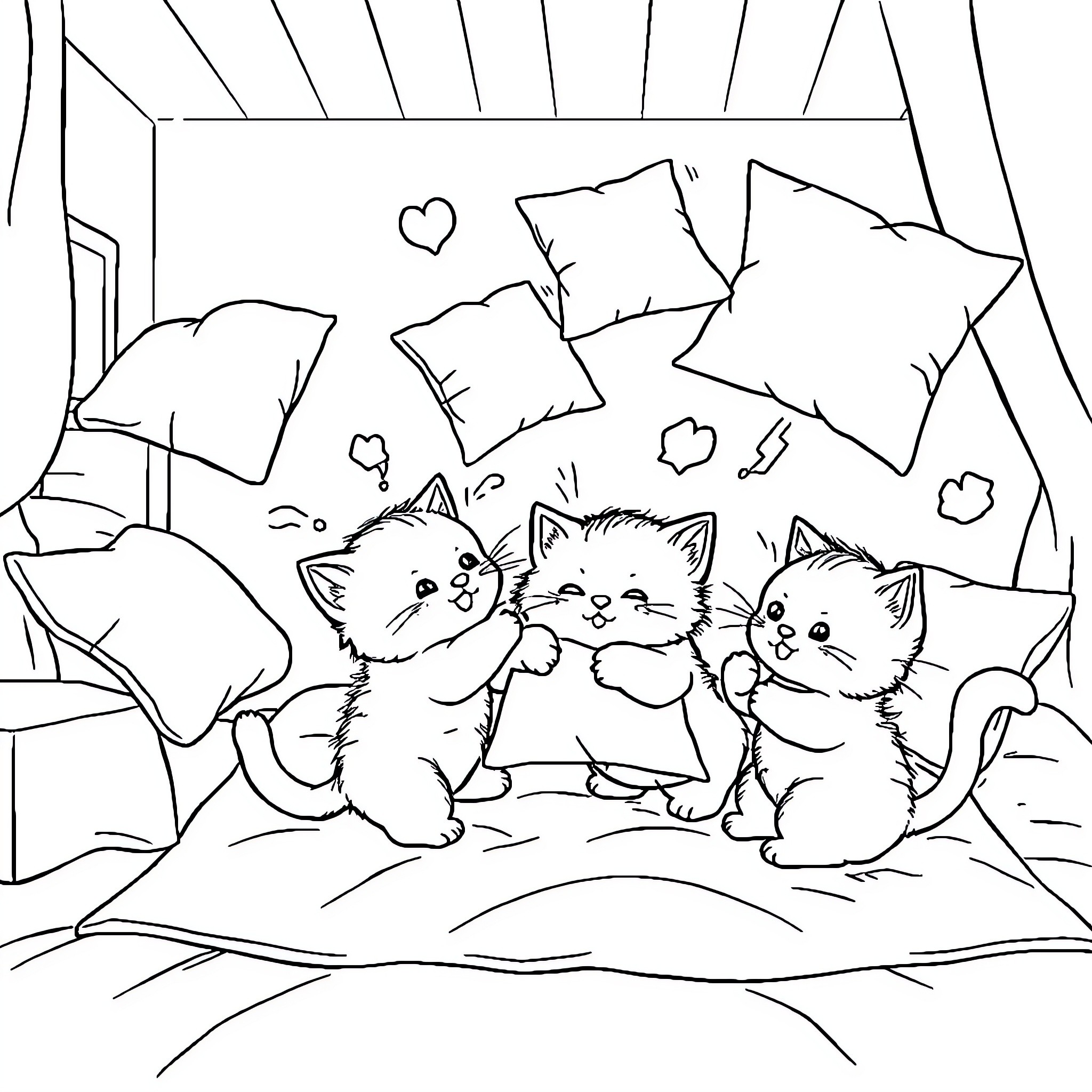 Kittens playing on a cozy bed Coloring Page (free black-and-white line drawing printable PDF for all, from beginners to advanced learners, including children, teens, adults, and seniors)