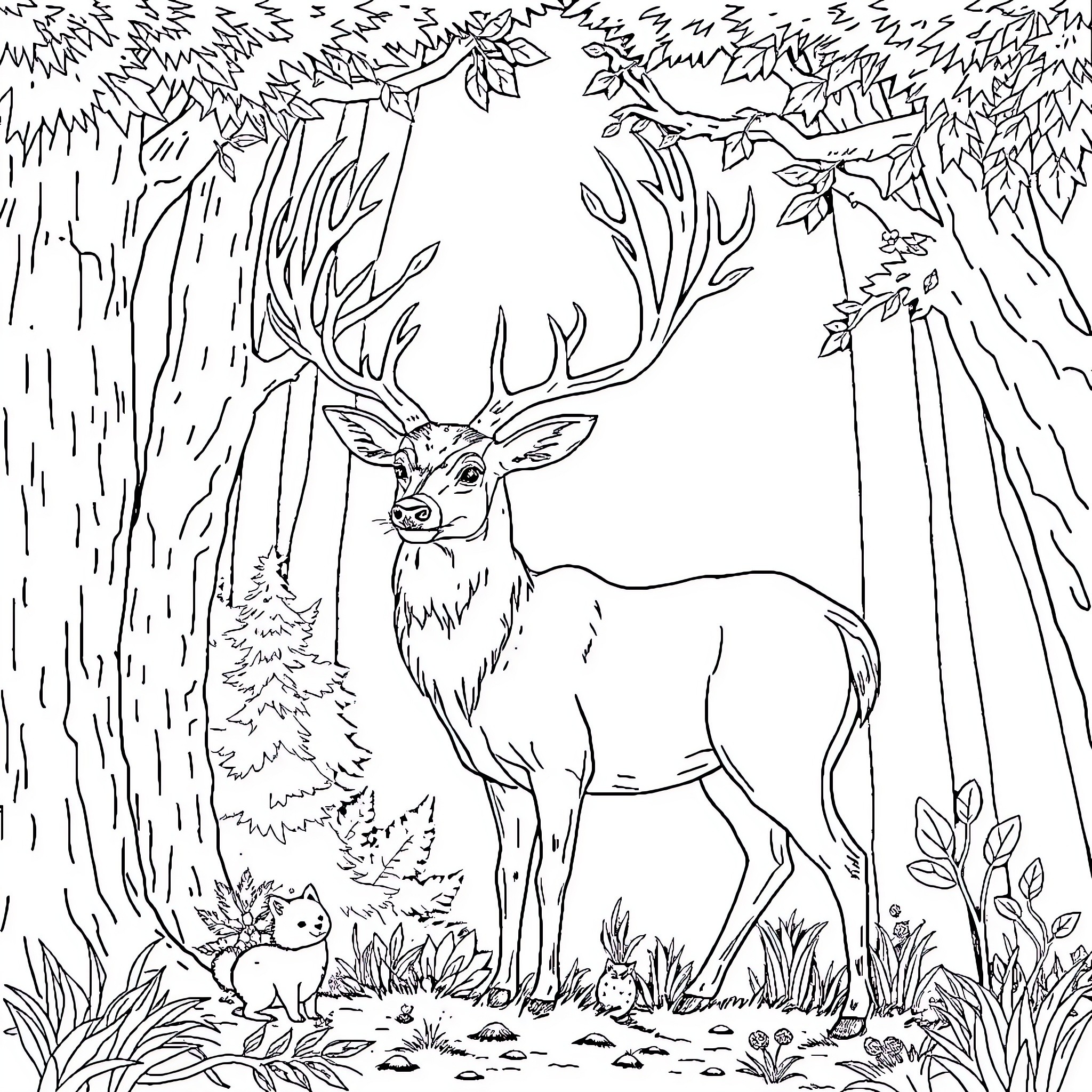 Deer in the Forest Glade Coloring Page (free black-and-white line drawing printable PDF for all, from beginners to advanced learners, including children, teens, adults, and seniors)