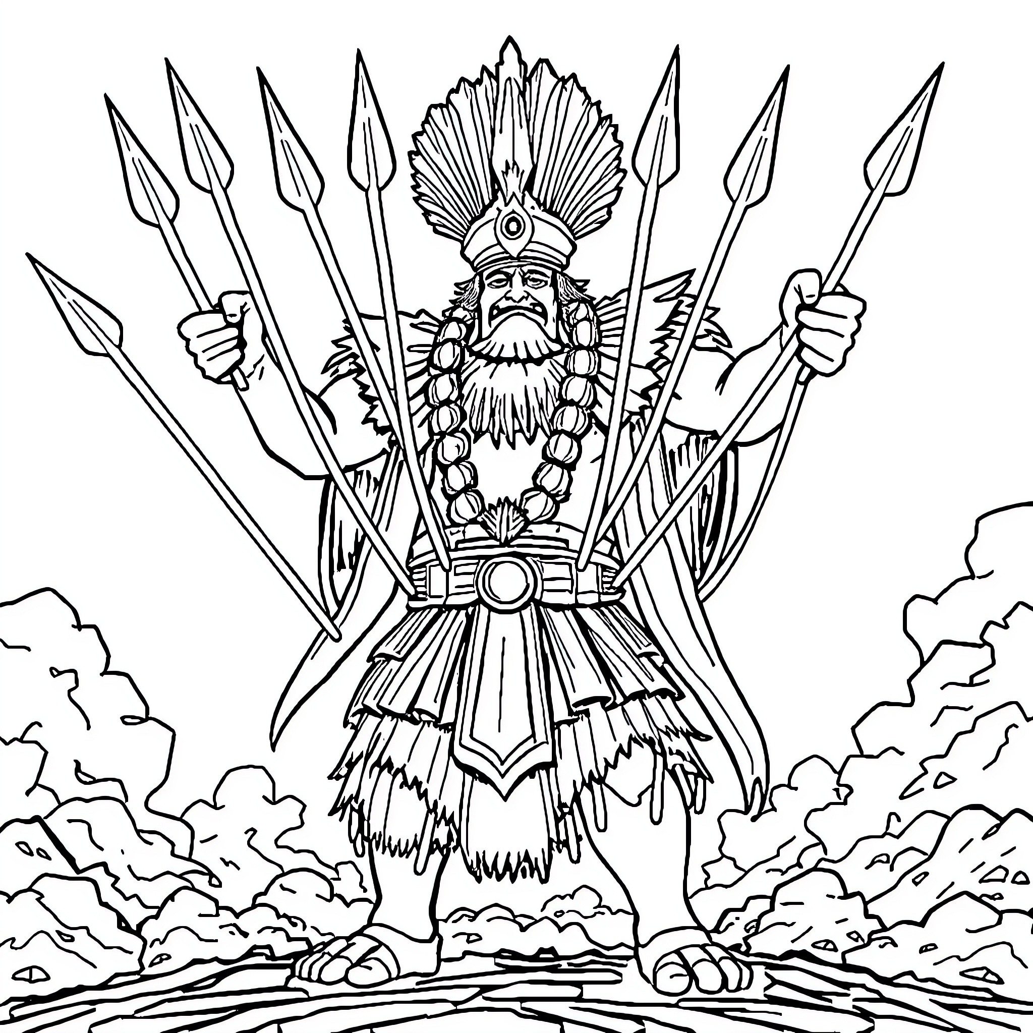 King Kamehameha in Warrior Attire Wielding Spears Coloring Page (free black-and-white line drawing printable PDF for all, from beginners to advanced learners, including children, teens, adults, and seniors)