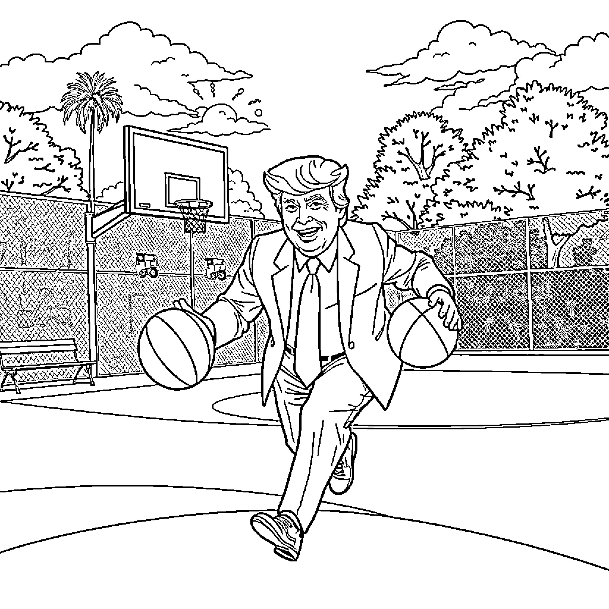 Donald Trump Playing Basketball on the Court Coloring Page (free black-and-white line drawing printable PDF for all, from beginners to advanced learners, including children, teens, adults, and seniors)