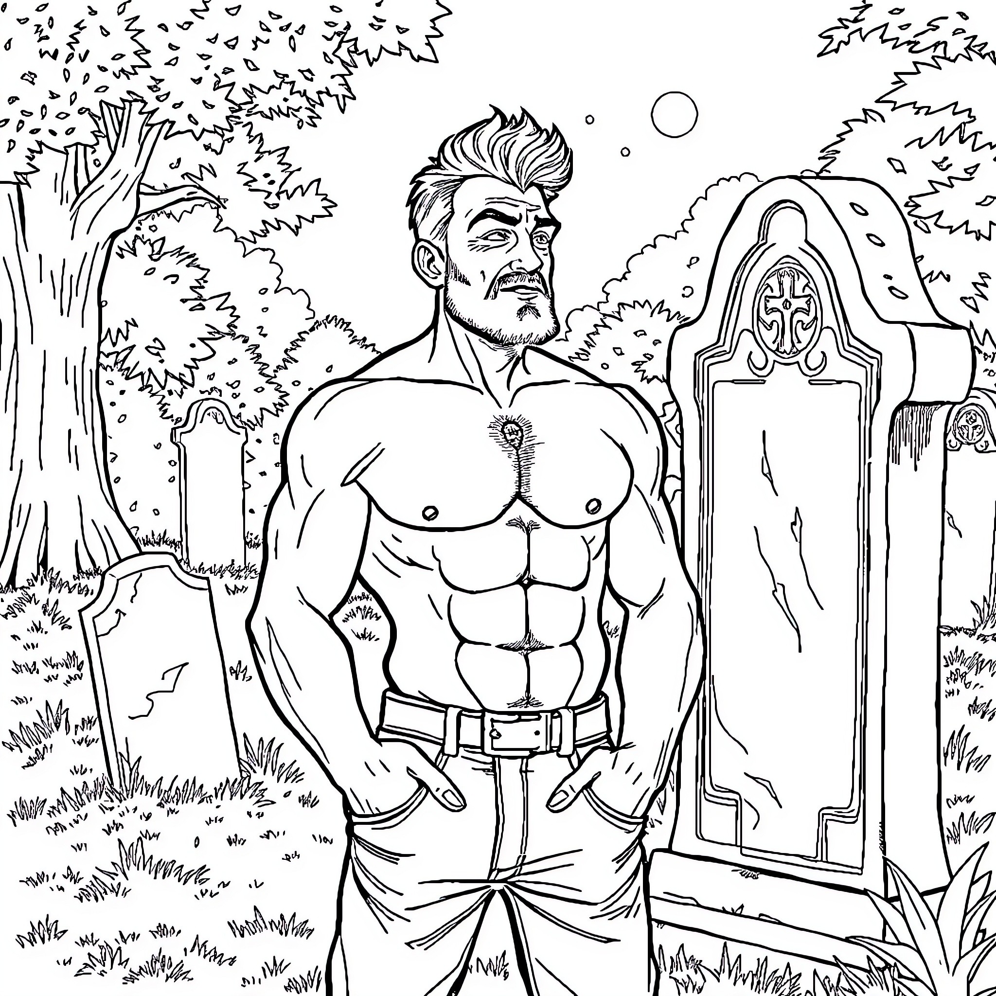 Daddy's strong physique in the forest Coloring Page (free black-and-white line drawing printable PDF for all, from beginners to advanced learners, including children, teens, adults, and seniors)