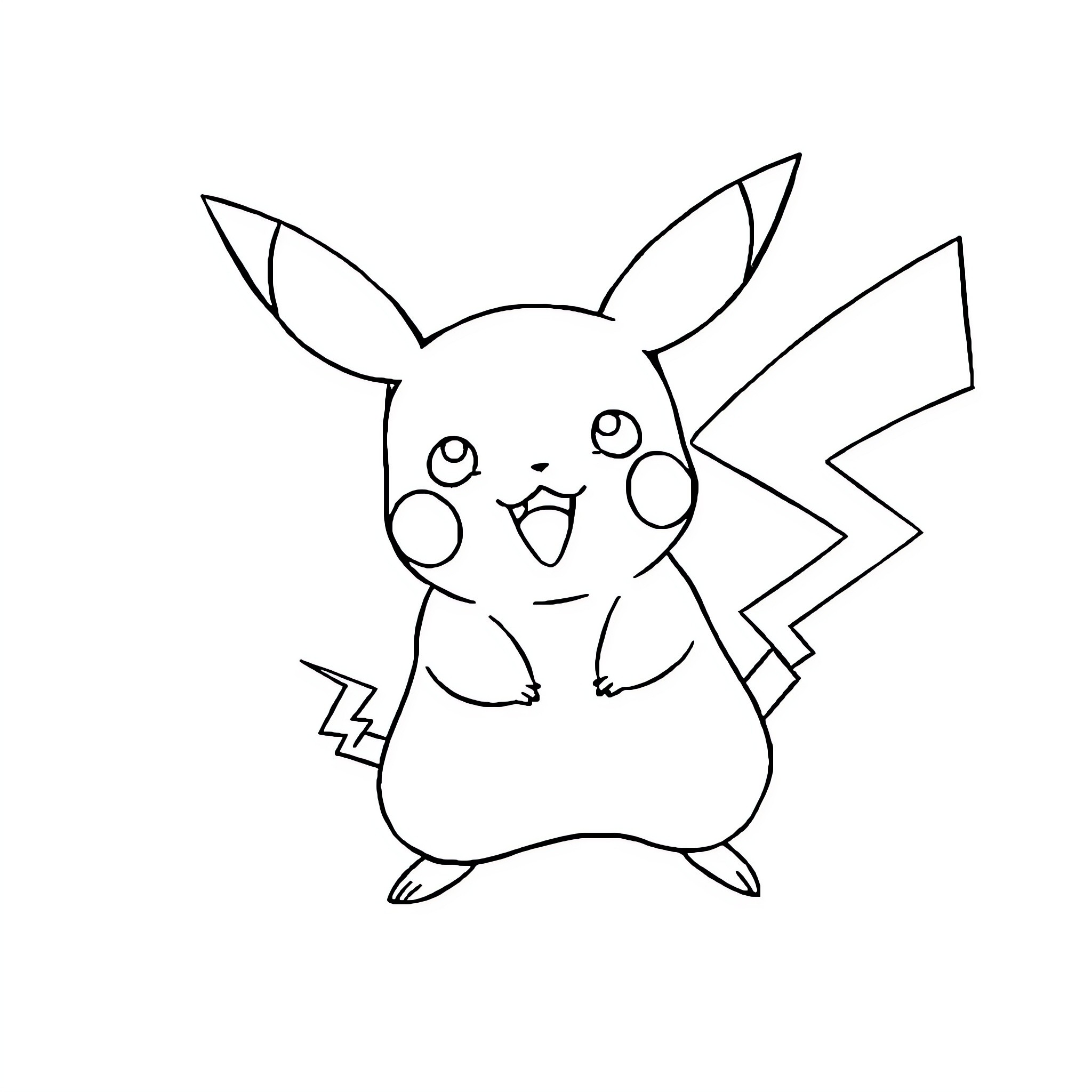 Pikachu cheerfully posing in a simple outline Coloring Page (free black-and-white line drawing printable PDF for all, from beginners to advanced learners, including children, teens, adults, and seniors)