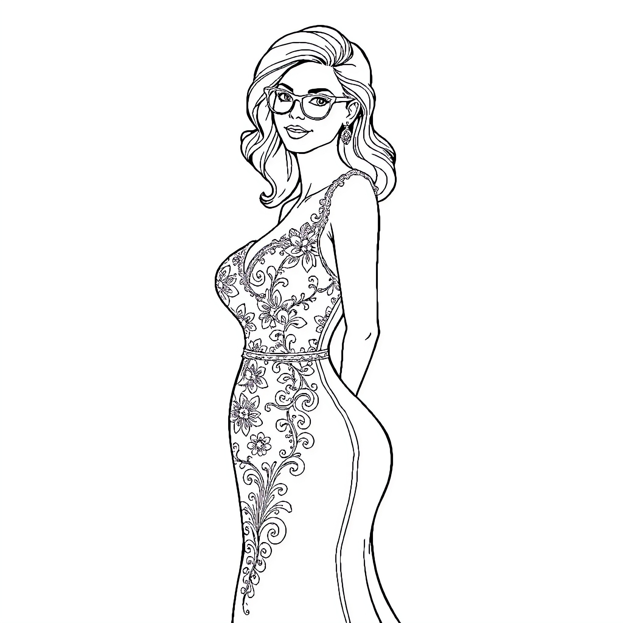 Woman in elegant floral dress posing confidently Coloring Page (free black-and-white line drawing printable PDF for all, from beginners to advanced learners, including children, teens, adults, and seniors)