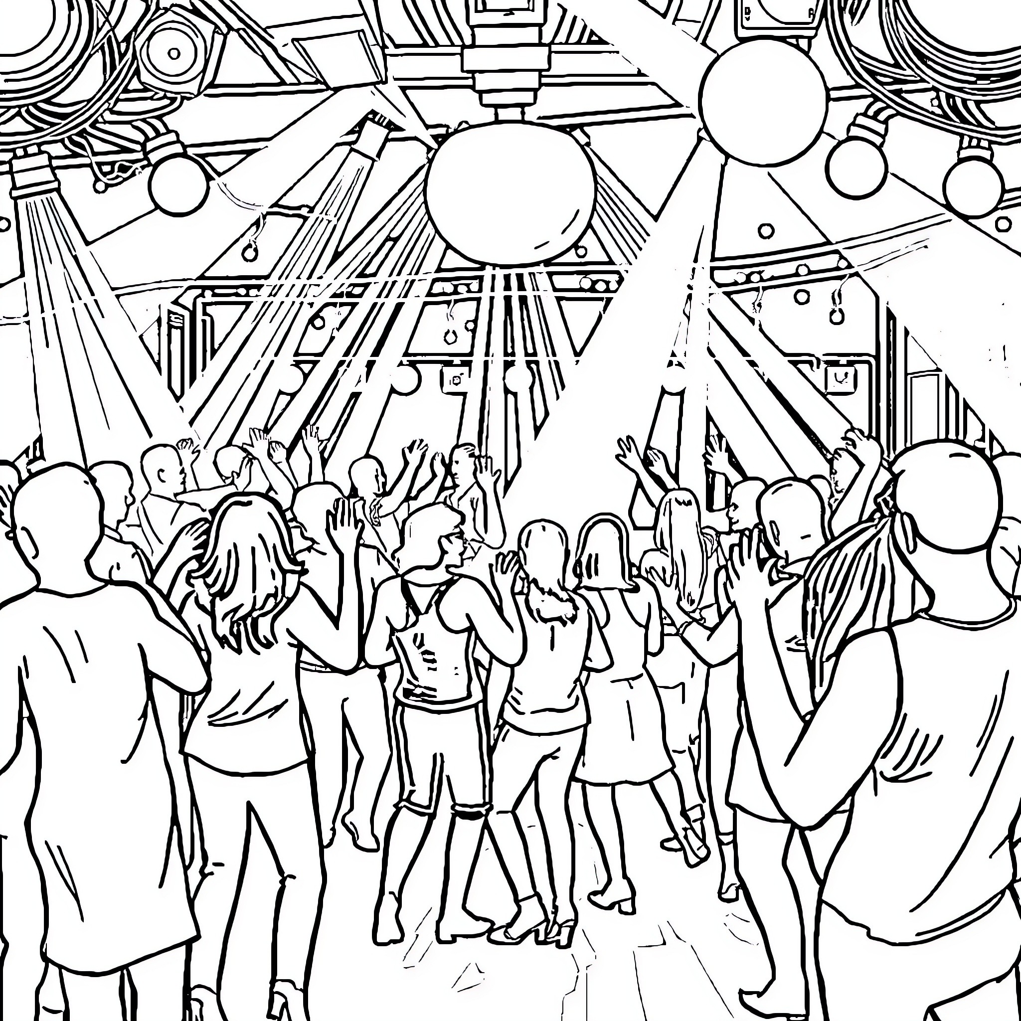 Disco Crowd Celebration with Vibrant Lights Coloring Page (free black-and-white line drawing printable PDF for all, from beginners to advanced learners, including children, teens, adults, and seniors)