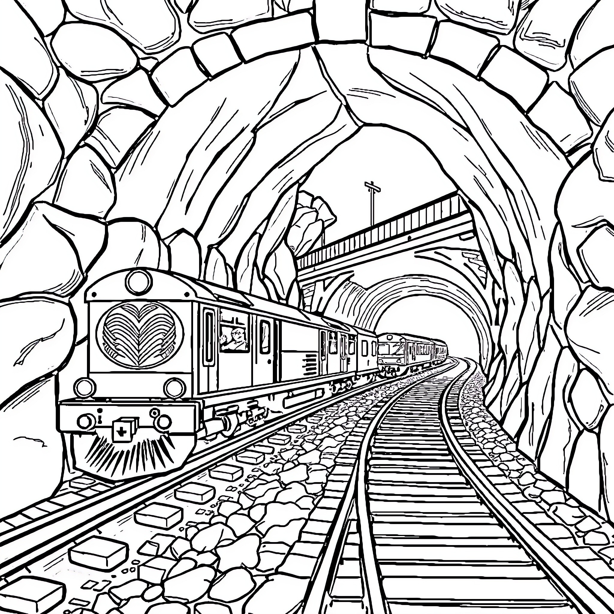 Train Traveling Through Rocky Tunnel Coloring Page (free black-and-white line drawing printable PDF for all, from beginners to advanced learners, including children, teens, adults, and seniors)