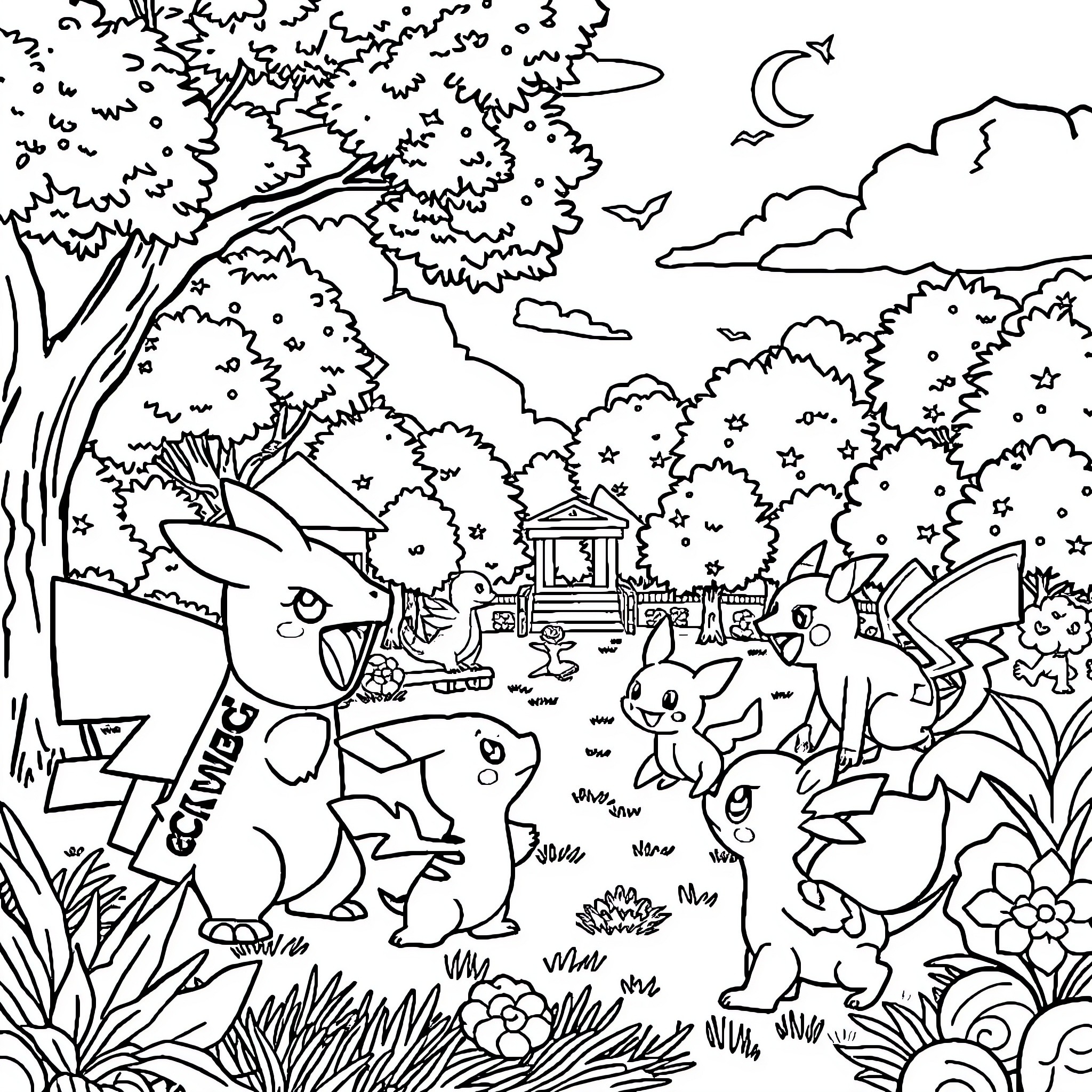 Pokémon enjoying a peaceful scene in the wilderness Coloring Page (free black-and-white line drawing printable PDF for all, from beginners to advanced learners, including children, teens, adults, and seniors)