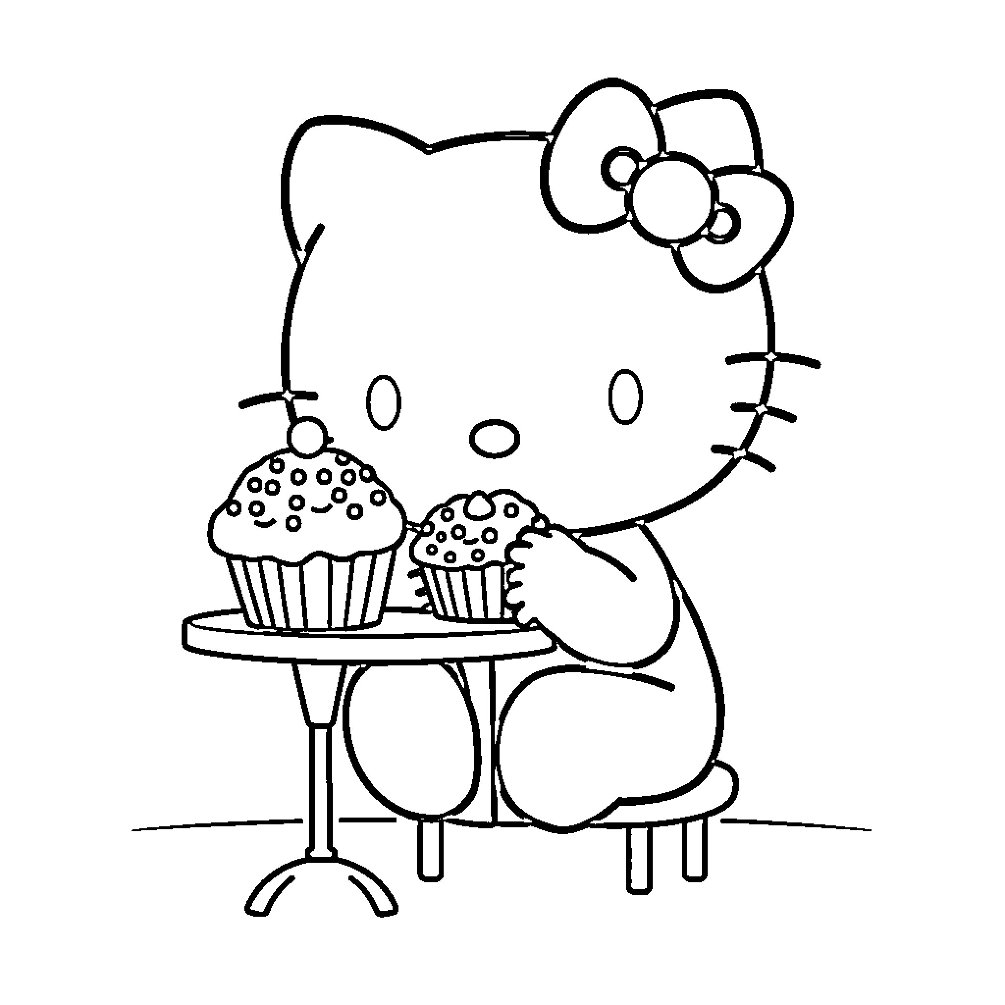 Hello Kitty Enjoying Cupcakes Coloring Page (free black-and-white line drawing printable PDF for all, from beginners to advanced learners, including children, teens, adults, and seniors)