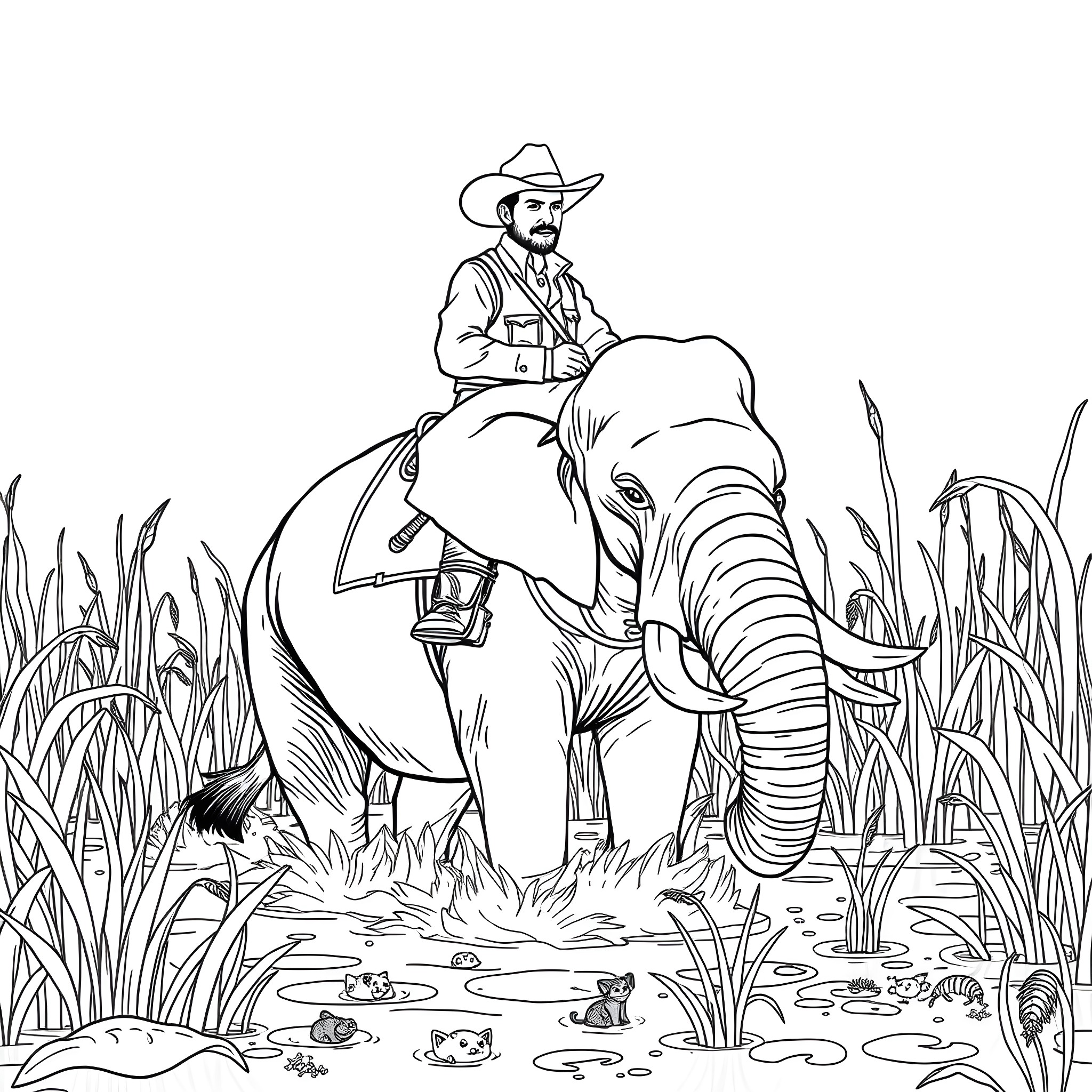 Cowboy riding on an elephant in the wild Coloring Page (free black-and-white line drawing printable PDF for all, from beginners to advanced learners, including children, teens, adults, and seniors)