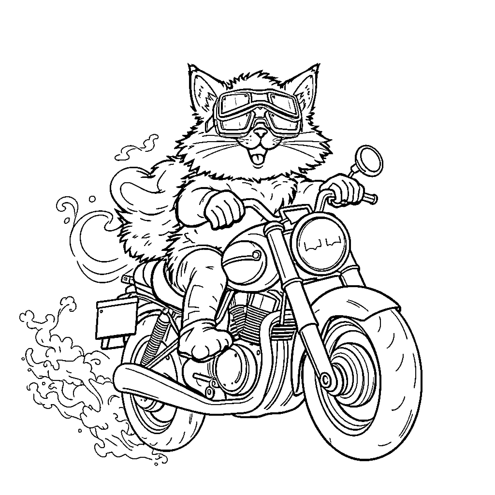 Cat riding a motorcycle with cool sunglasses Coloring Page (free black-and-white line drawing printable PDF for all, from beginners to advanced learners, including children, teens, adults, and seniors)