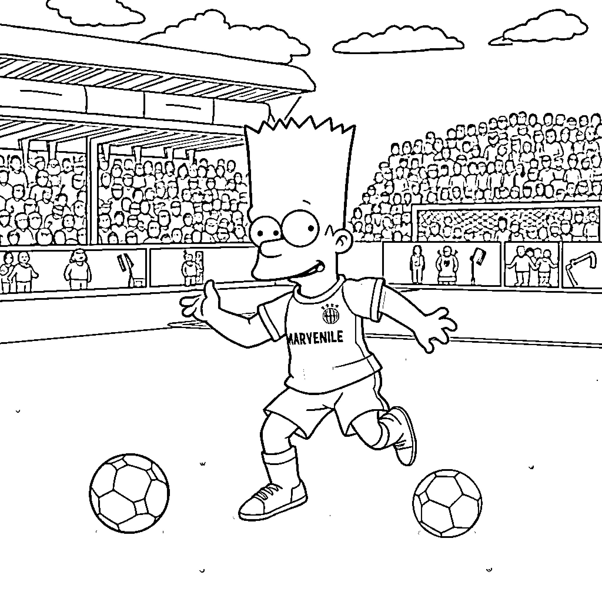 Bart Simpson playing soccer in a stadium Coloring Page (free black-and-white line drawing printable PDF for all, from beginners to advanced learners, including children, teens, adults, and seniors)